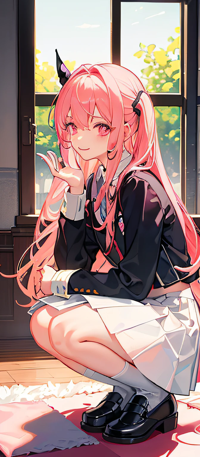（tmasterpiece，best qualtiy：1.2），（looking at viewert），Happy face，dual horsetail，Superskirt，white  panties，Pink theme，cowboy lens，squatting on the ground，inside in room，rays of sunshine，with pink hair，a pink eyes