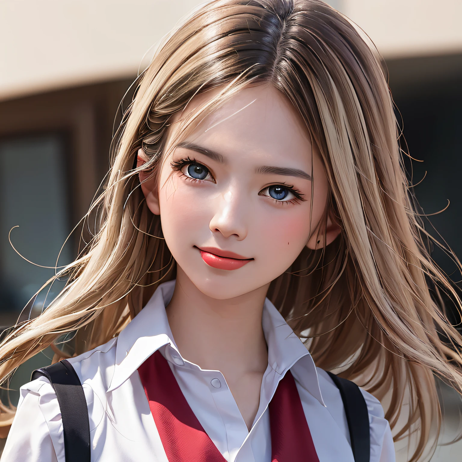 (8K, RAW Photos, of the highest quality, Masterpieces: 1.2), (Realistic, Photorealistic: 1.37), Highest Quality, Ultra High Resolution, light leaks, Dynamic lighting, Slim and smooth skin, (Full body:1.3), (Soft Saturation: 1.6), (Fair skin: 1.2), (Glossy skin: 1.1), Oiled skin, 22 years old, Night, shiny white blonde, Well-formed, Hair fluttering in the wind, Close-up shot of face only, Physically Based Rendering, From multiple angles, A big smile, School uniform, Beige vest, thunderstorm, The Flash, stick out your tongue a little