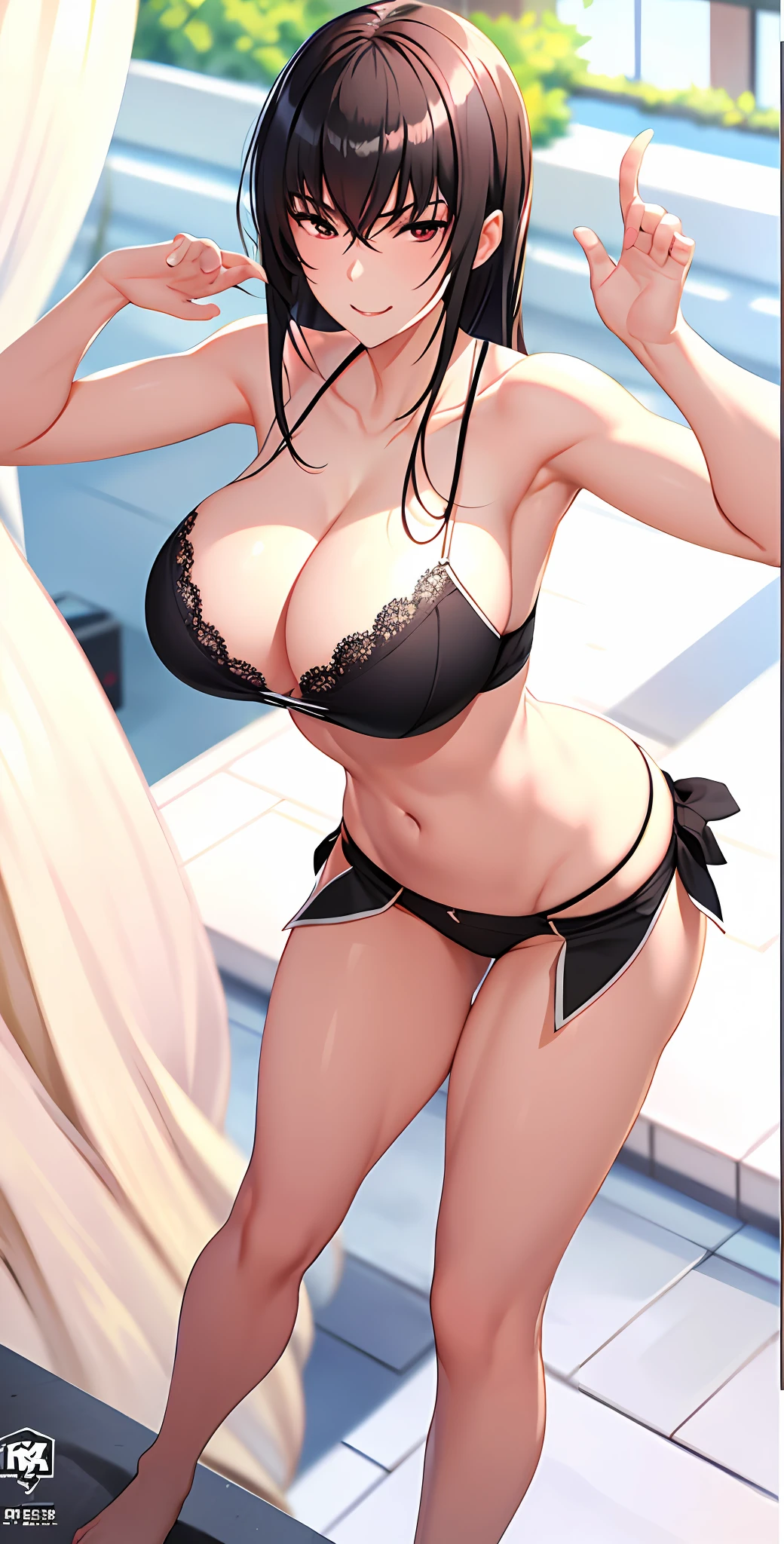 Photo quality，​masterpiece, top-quality, in 8K, hight resolution, 1girl in, oilly skin, Wetty, Detailed skin,Anime Face Girl，Beautiful sister，Burst breasts，large full breasts，very big boobs，爆乳，Burst emulsification，Black underwear，Black lingerie，Longhaire，Red eyes，