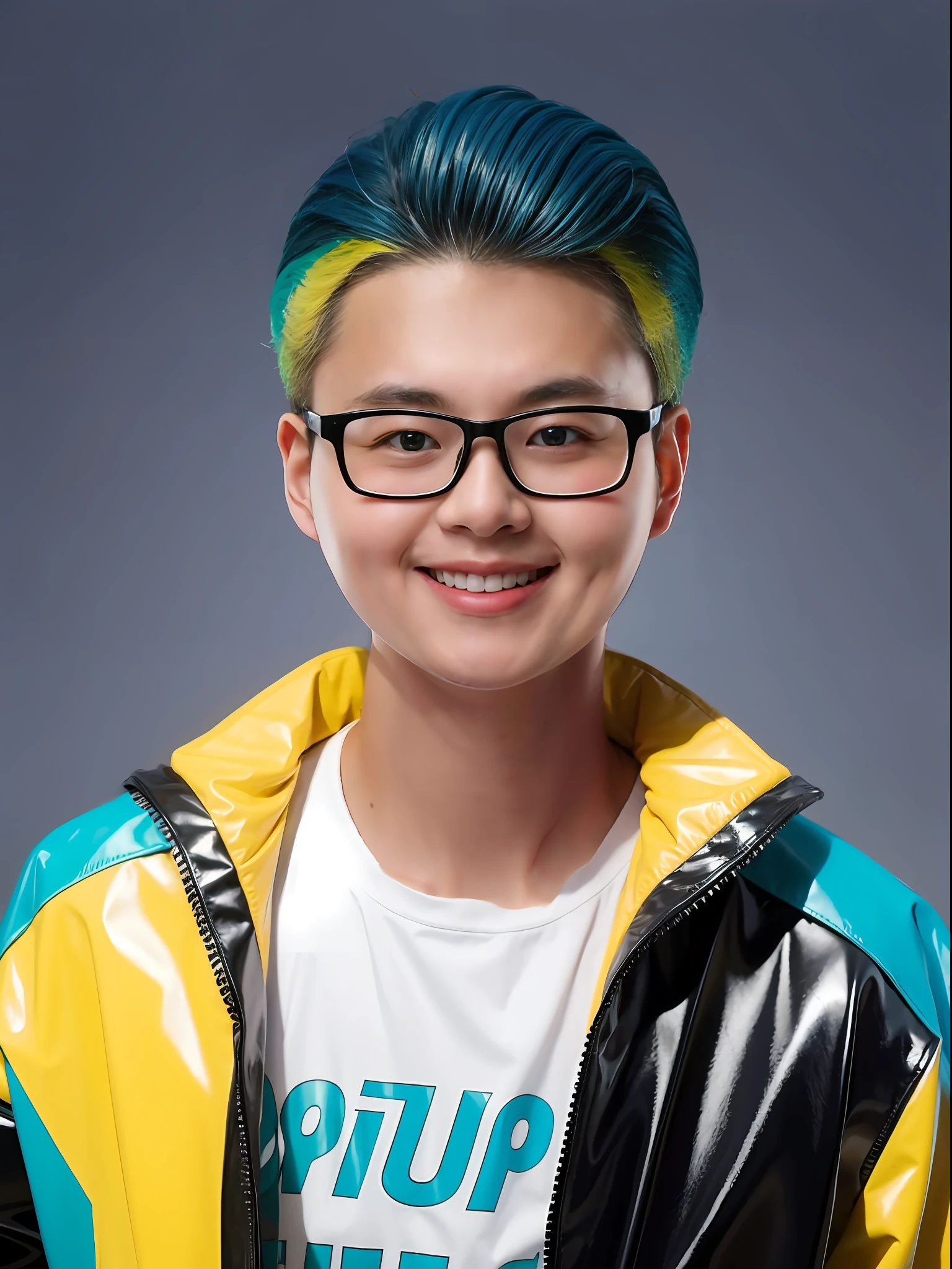 A 16-year-old male high school student,Wearing PVC yellow traffic jam clothing,Cyan hair is divided into hair styles