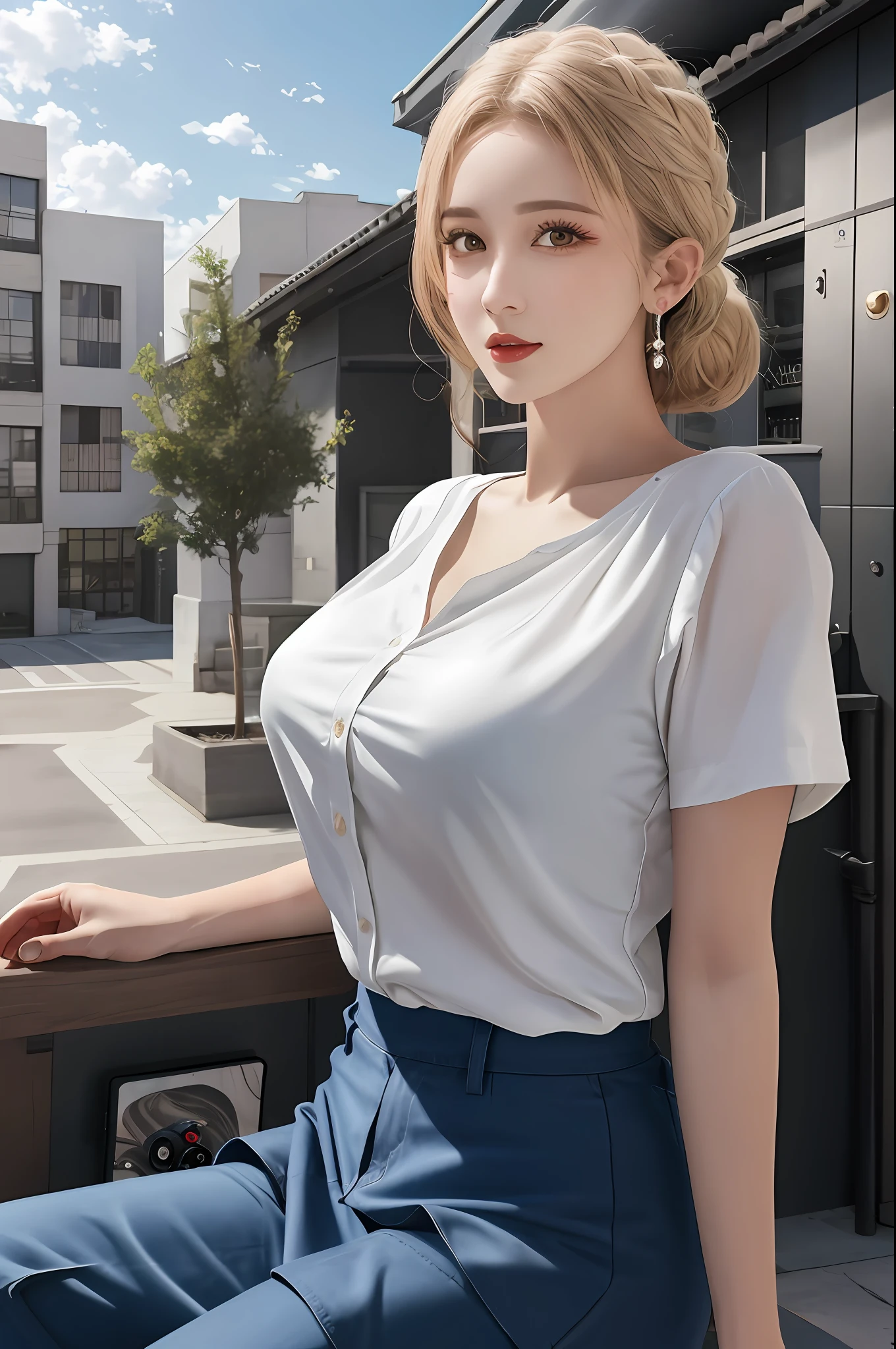 best qualtiy， tmasterpiece， 1girll， beauitful face， （photograph realistic：1.3）， edge lit， （highdetailskin：1.2）， 8K  UHD， digital SLR camera， high high quality， A high resolution， 4k， 8k， bokeh， absurderes， Optimal proportions of four fingers and one thumb， （realisticlying：1.3）， Cute 1girl， In a white blouse shirt， mediuml breasts， short  skirt，