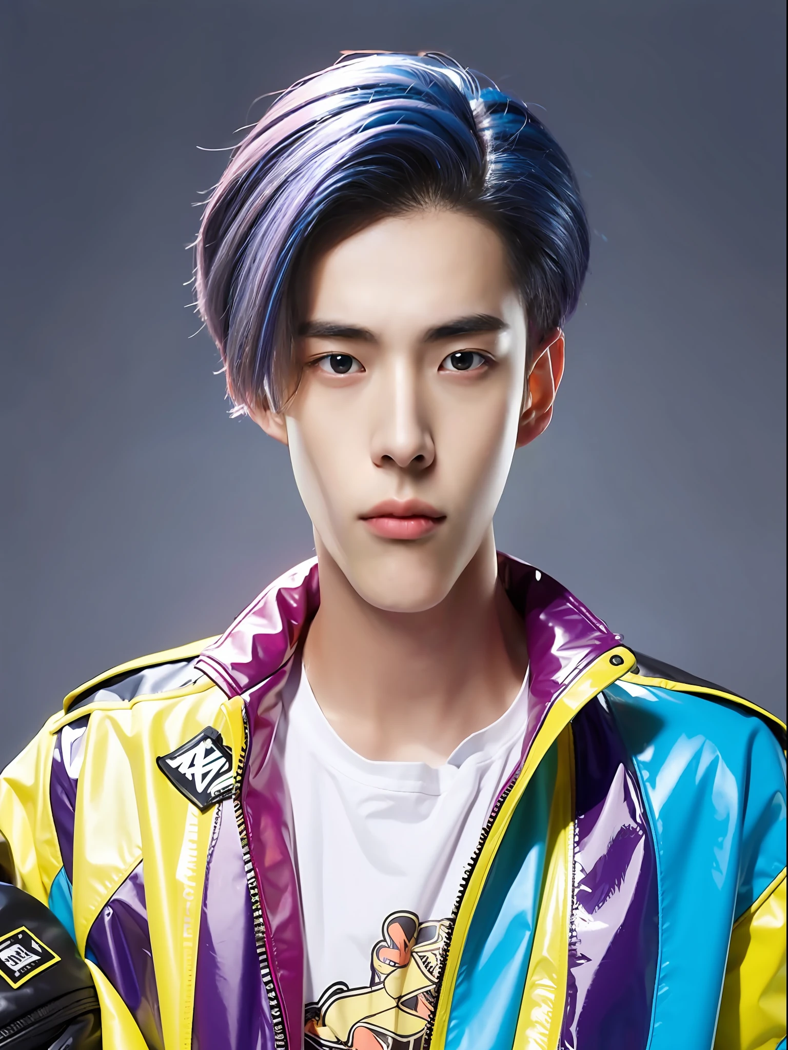 A 16-year-old male high school student，Wearing PVC yellow traffic jam clothing，Purple-cyan hair
