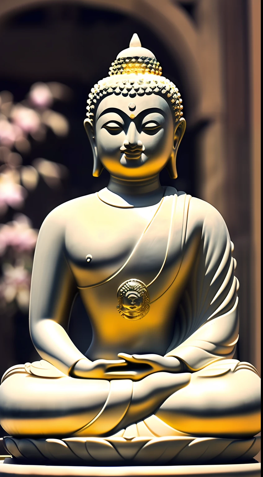 Thousand Hands Kannon, Buddha, Maitreya Bodhisattva,Maitreya,A golden Buddha statue sits on top of a lotus flower，1boy, Bald, dark-skin_Male, Facial_Hair, Fat, jewelry, Male_Focus, necklace, , Solo