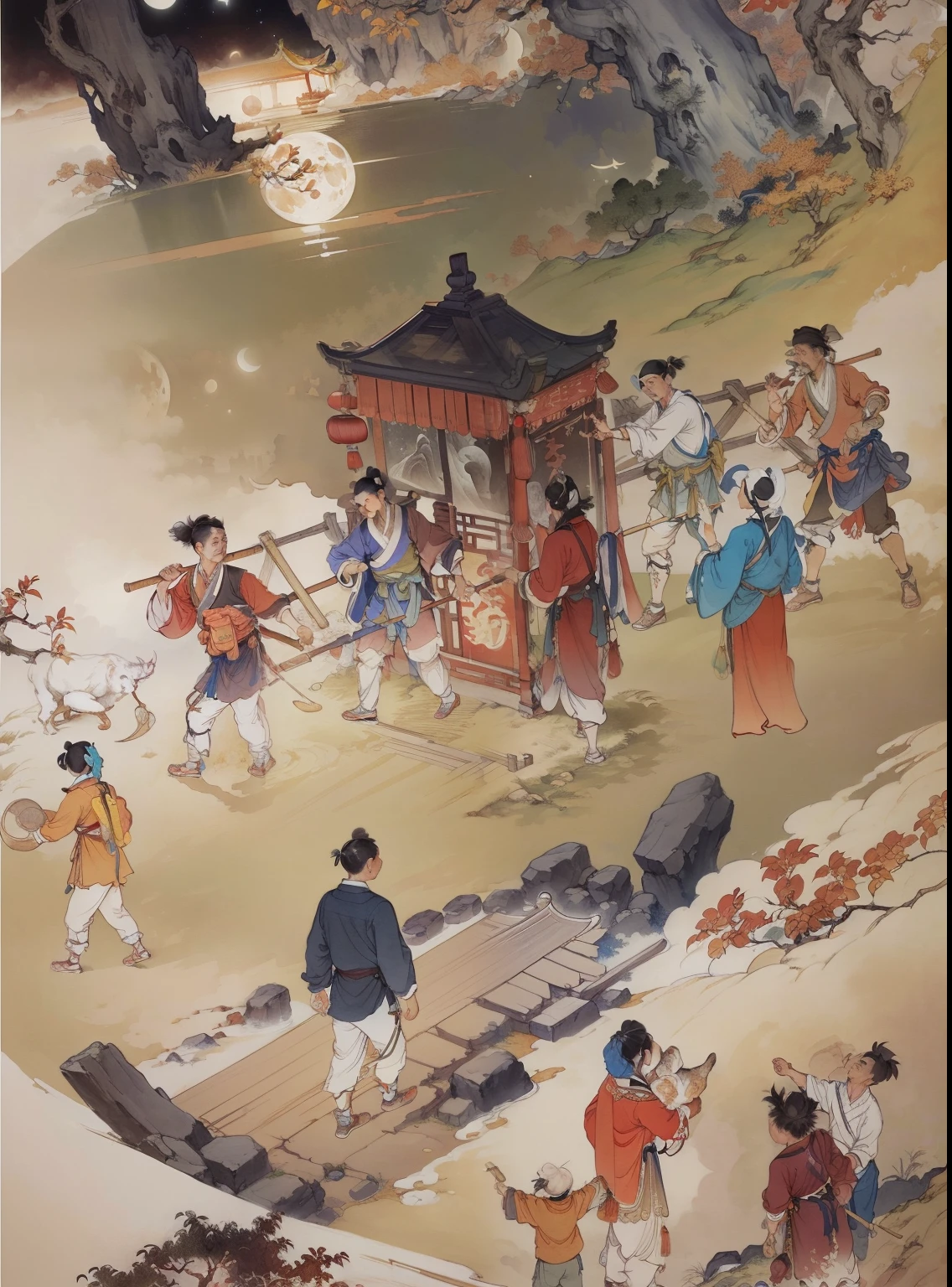 Ancient Chinese landscapes,Ancient buildings,Pavilions,Carved beams and paintings,enchanting scenery,Night,Moon light,Layered, Rich light and shadow,Mid-Autumn Festival, Ink painting style,clean color,Low-saturation colors,Colors of low brightness,Decisive cut,Leave white space,impressionistic,tmasterpiece,ultra - detailed,Epic composition, HighestQuali,hyper realisitc,Art germ --v 6