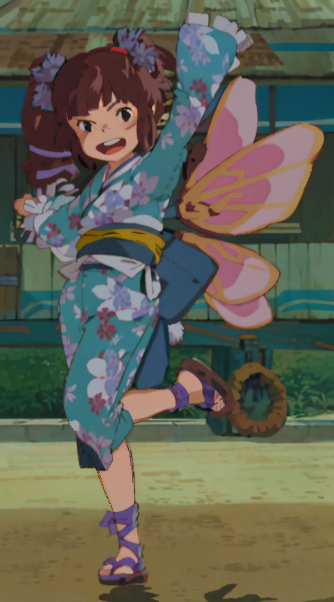 in style of ghibli，Double ponytail girl，Exciting action，komono，Rear wing decoration