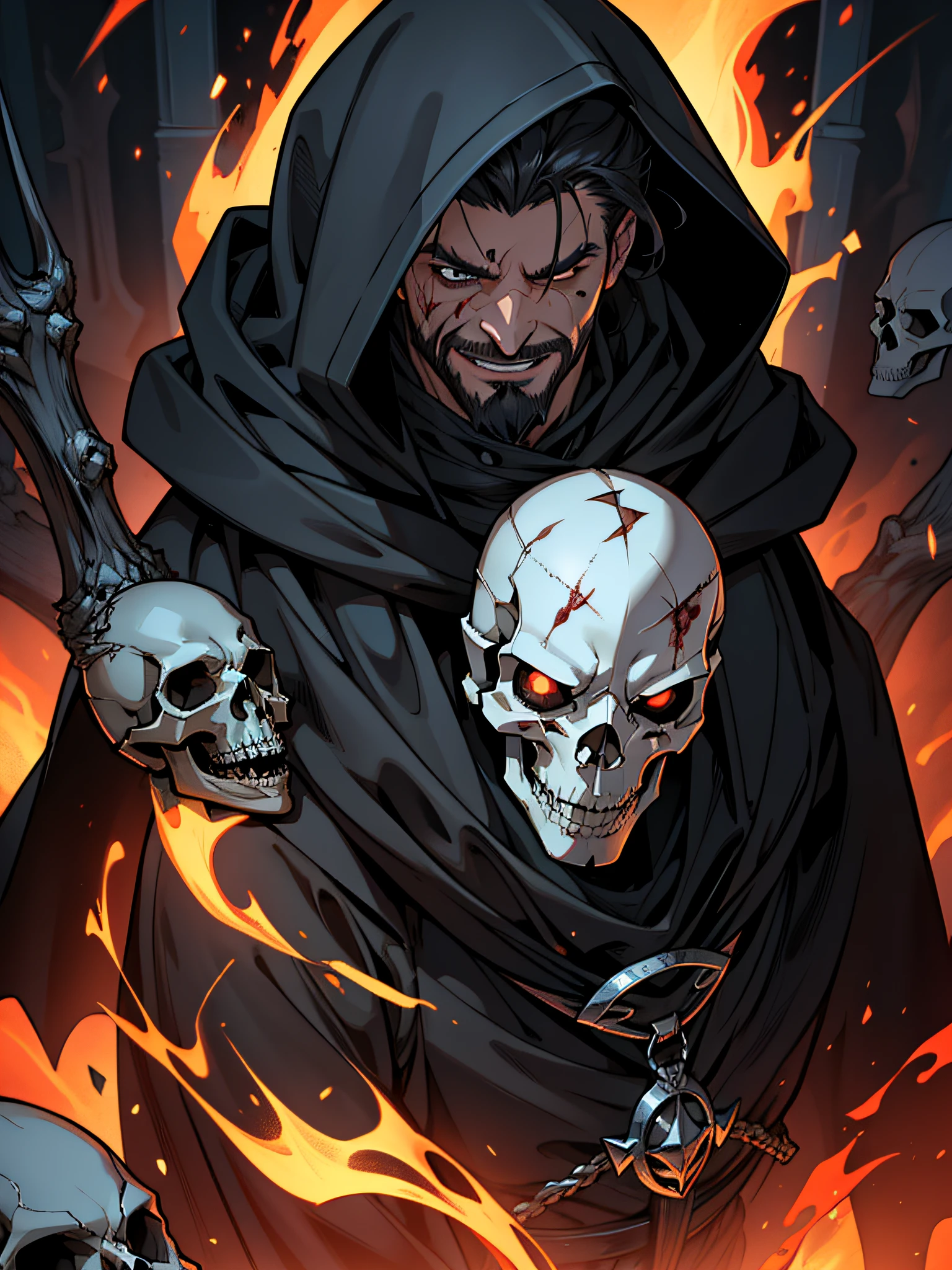 Best quality, masterpiece, ultra high res,detailed background,realistic, hadesstyle, solo, male,mature male,short hair,facial hair, rogue, necromancer,skull, evil smile, fire, horror \(theme\),dark fantasy,evil,cape,depth of field, black hair, scar, hood, dragger, blood, ((covered eyes))