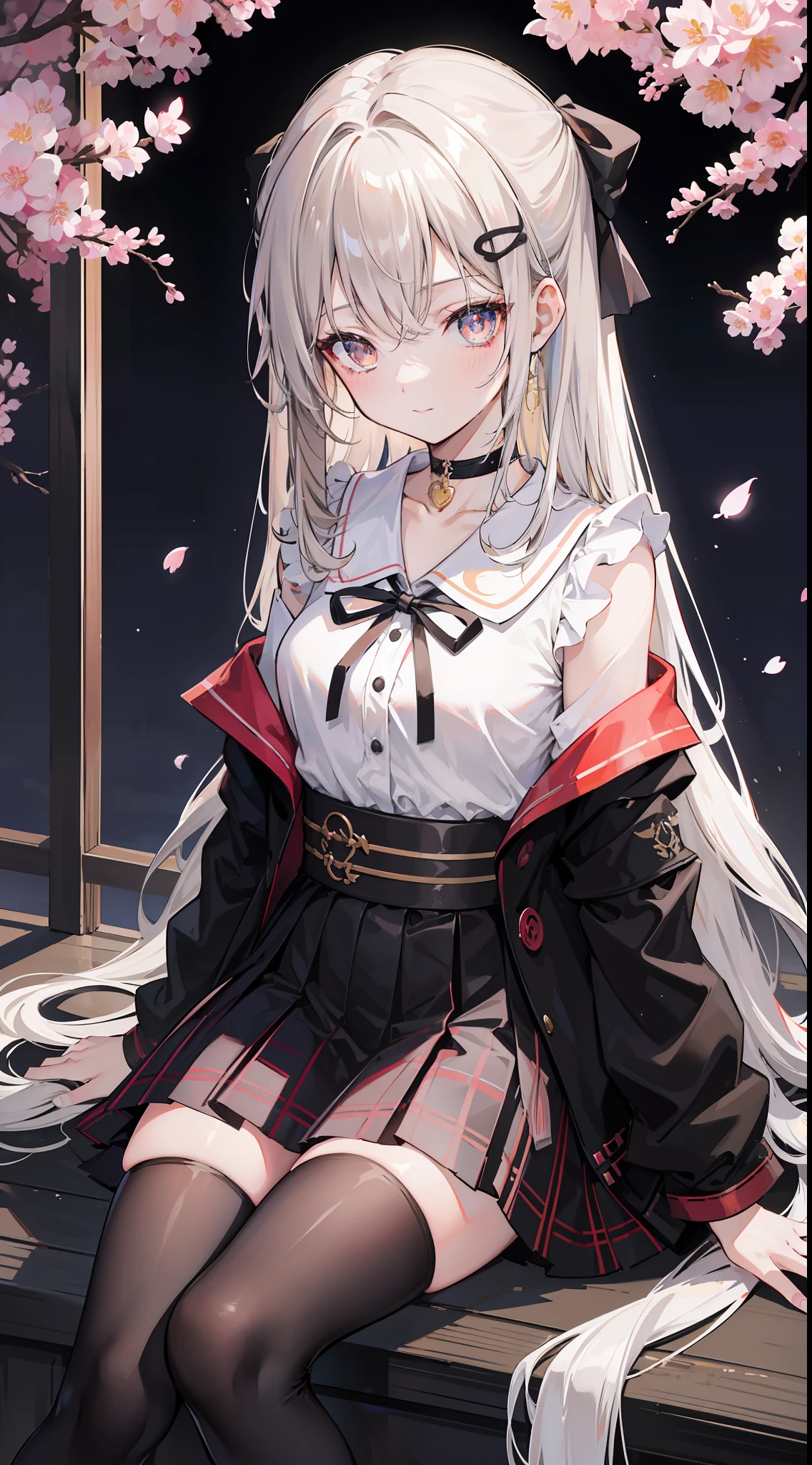 ultra - detailed,tmasterpiece,best qualtiy,Mood light,Low light source,ssmile,looking at you,the shy,Very long hair,black color hair,brown hair,white color hair,Silvery hair,golden hair,Get wet,taking a shower,sitted,Bend your legs to your chest,校服,Open your clothes,pleatedskirt,plaid skirts,mini-skirts,black over-the-knee socks,blacksilk,Black tights,choker necklace,shairband,Floral hair ornaments,Bow knot,scenecy,Scattered cherry blossoms,detailedbackground,flying butterfly,Dreamy forest,hot onsen