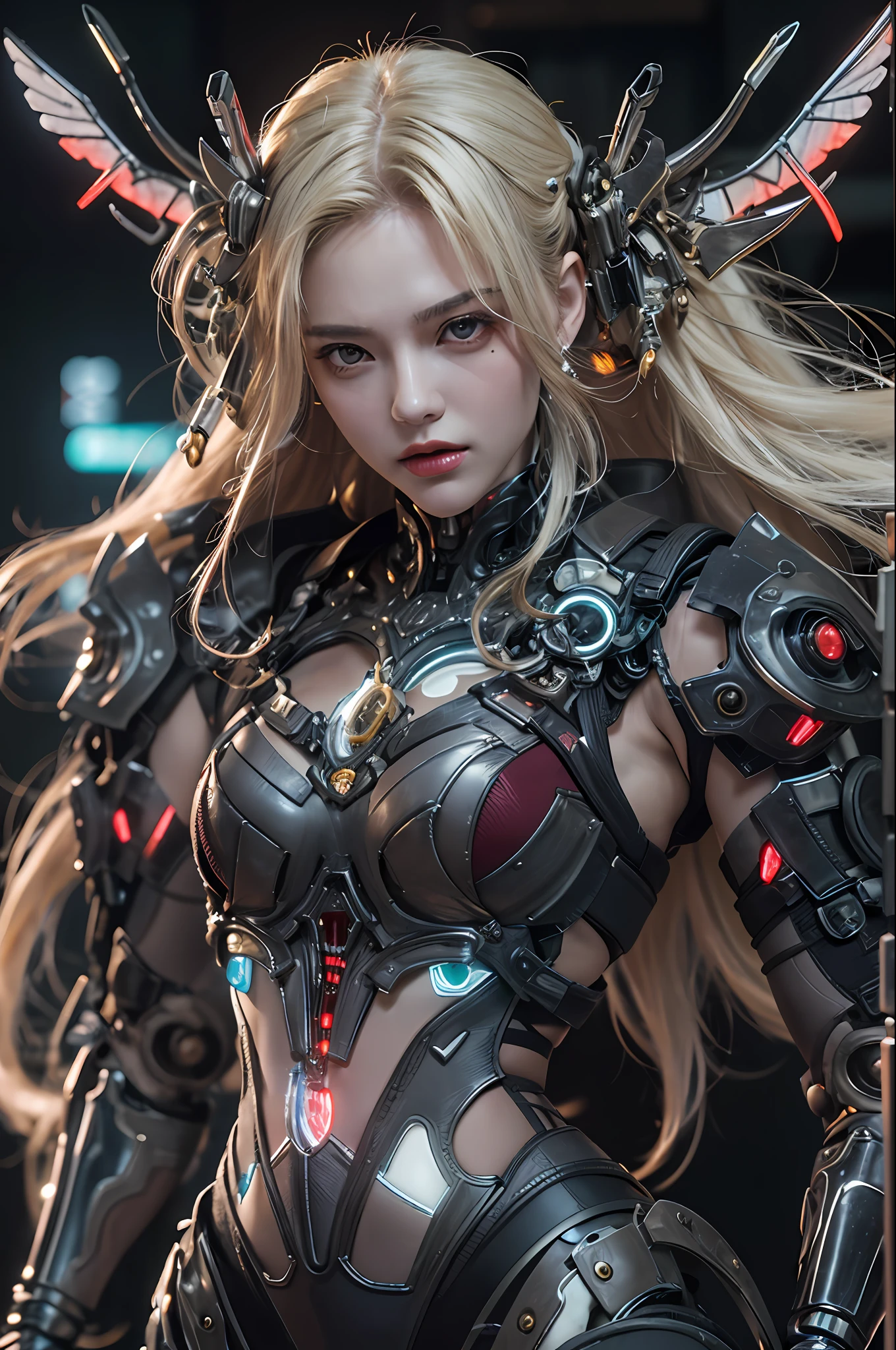top-quality、​masterpiece、超A high resolution、(Photorealsitic:1.4)、Raw photo、1人、a blond、glowy skin、1 Machine Devil、large metal wings、Metal horn、((super realistic details))、portlate、globalillumination、Shadow、octan render、8K、ultrasharp、Colossal tits、Raw skin is exposed in cleavage、Black fiberglass body、Details of intricate gilded ornaments、Sumerian details、About Cyberpunk、Glowing LEDs、IC chips、Data Links、Hydraulic cylinder、highly intricate detail、Realistic light、Red Eyes、radiant eyes、Facing the camera、neon details、Mechanical limbs、blood vessels connected to tubes、Mechanical vertebrae attached to the back、mechanical cervical attaching to neck、cowboy  shot、Wires and cables connecting to the head、Luminous tube、Small LED lamp、