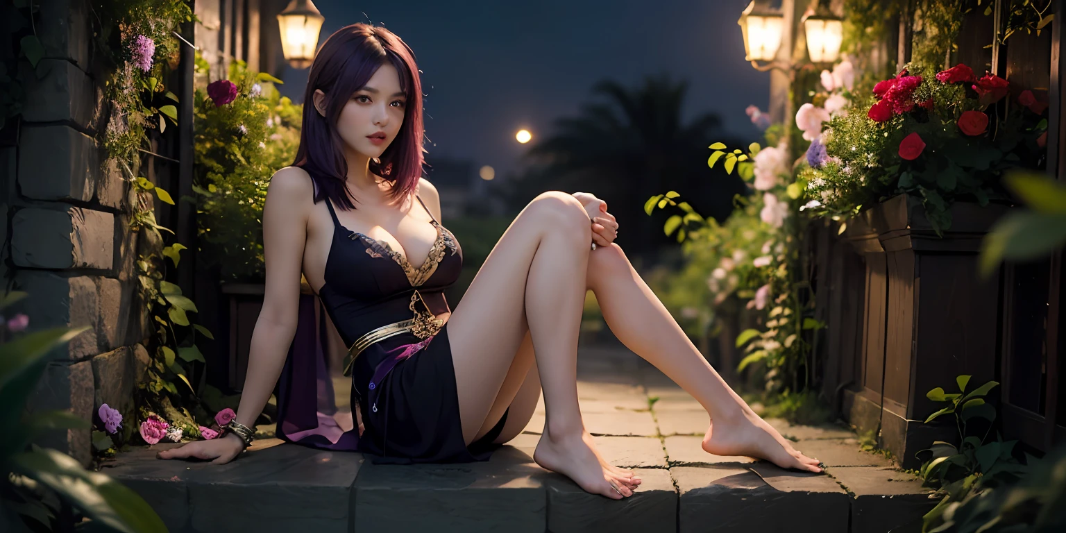 one-girl，ancient-style clothing，Purple colored hair，Side lens，Flowers，Background of greenery and flowers，Sit Pose，slender leg，cleavage，seductiv，The barefoot，the night，Light