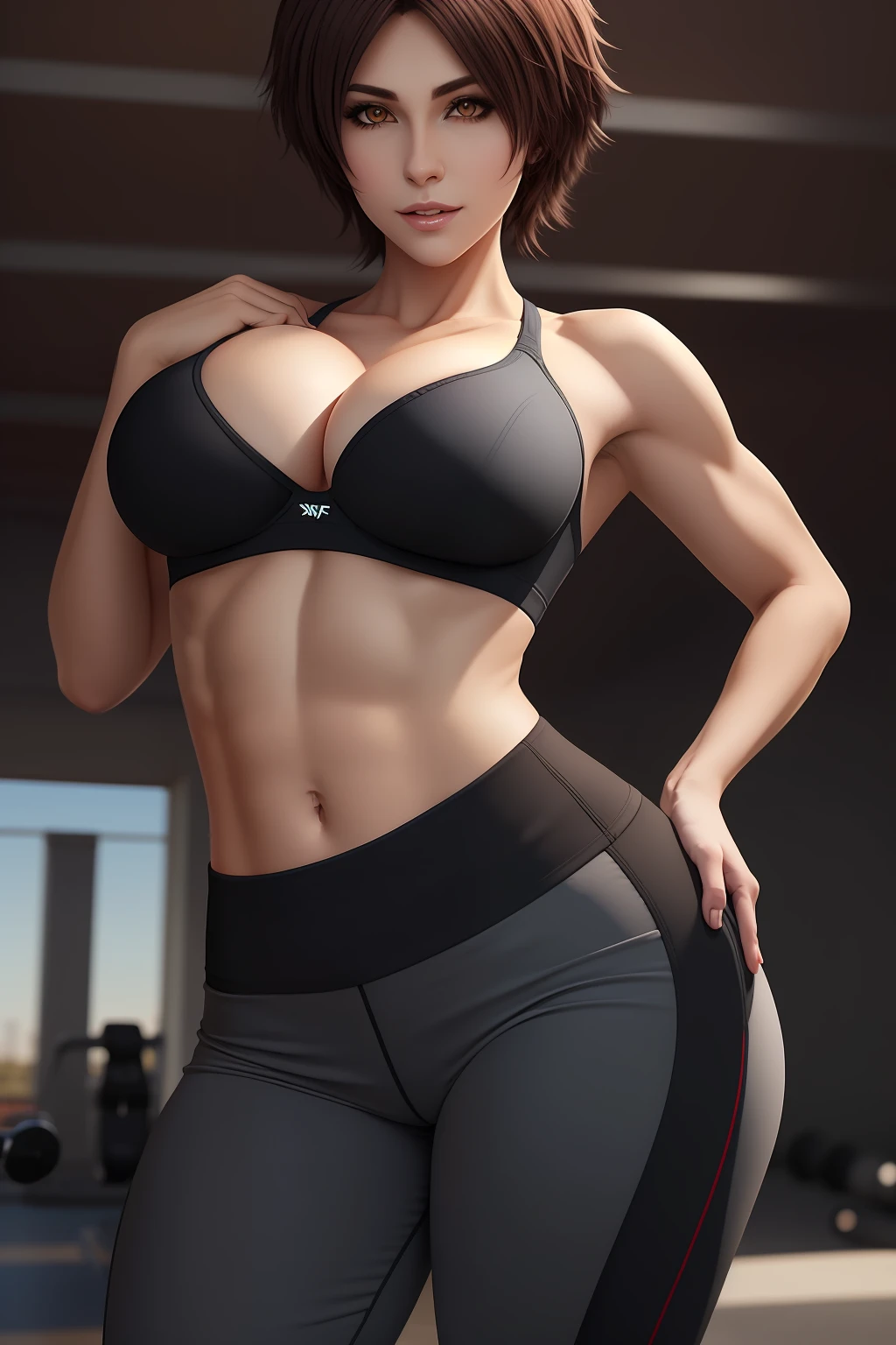 Beautiful and detailed portrait of a female wolf,shaggy, Raised sexy, big breasts thin waist, thick thight, Wide buttock, large tail, Sports bra, shorter pants, Abs contour,Large breasts,