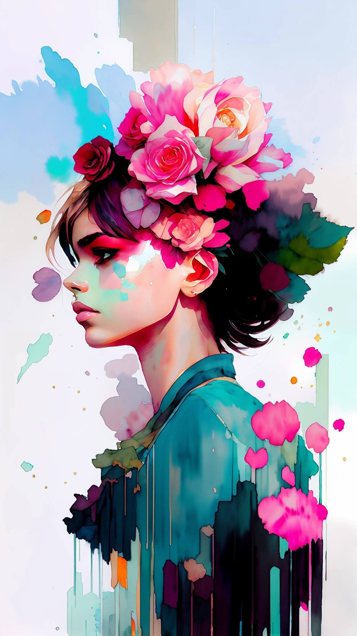 wtrcolor style, (rose) digital art, official art, blown by the wind, masterpiece, beautiful, ((watercolor)), paint splatter, intricate detail. Great detail, [dripping:0.7], Trending on Artstation, Rachel Walker