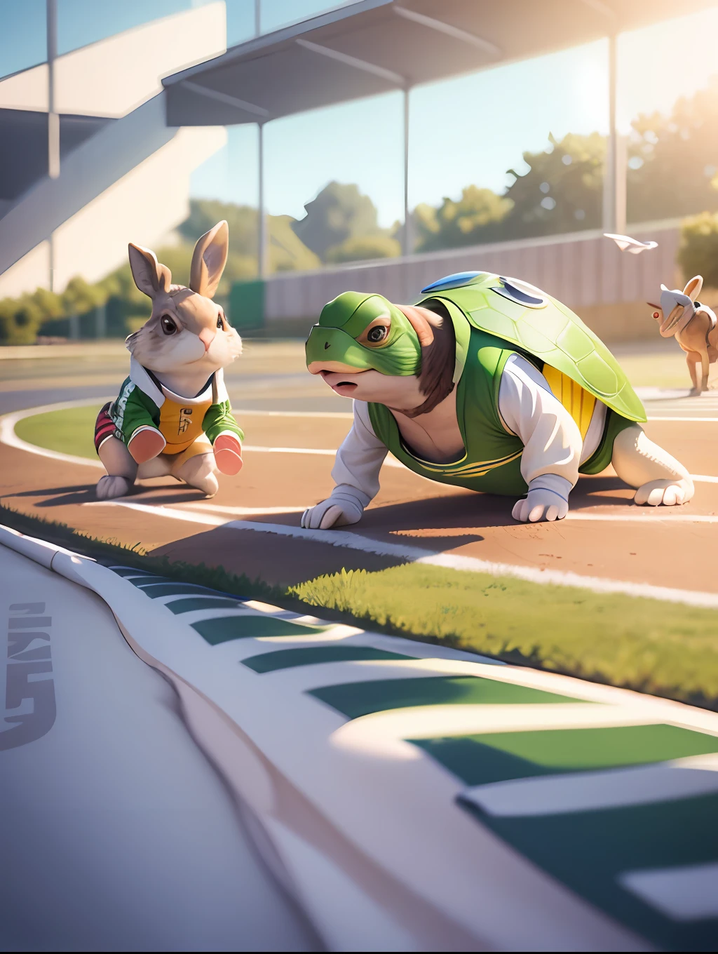 turtle and rabbit, Dressed in sportswear ,racing,, Athletics background, clear sunny day,realistic,3d