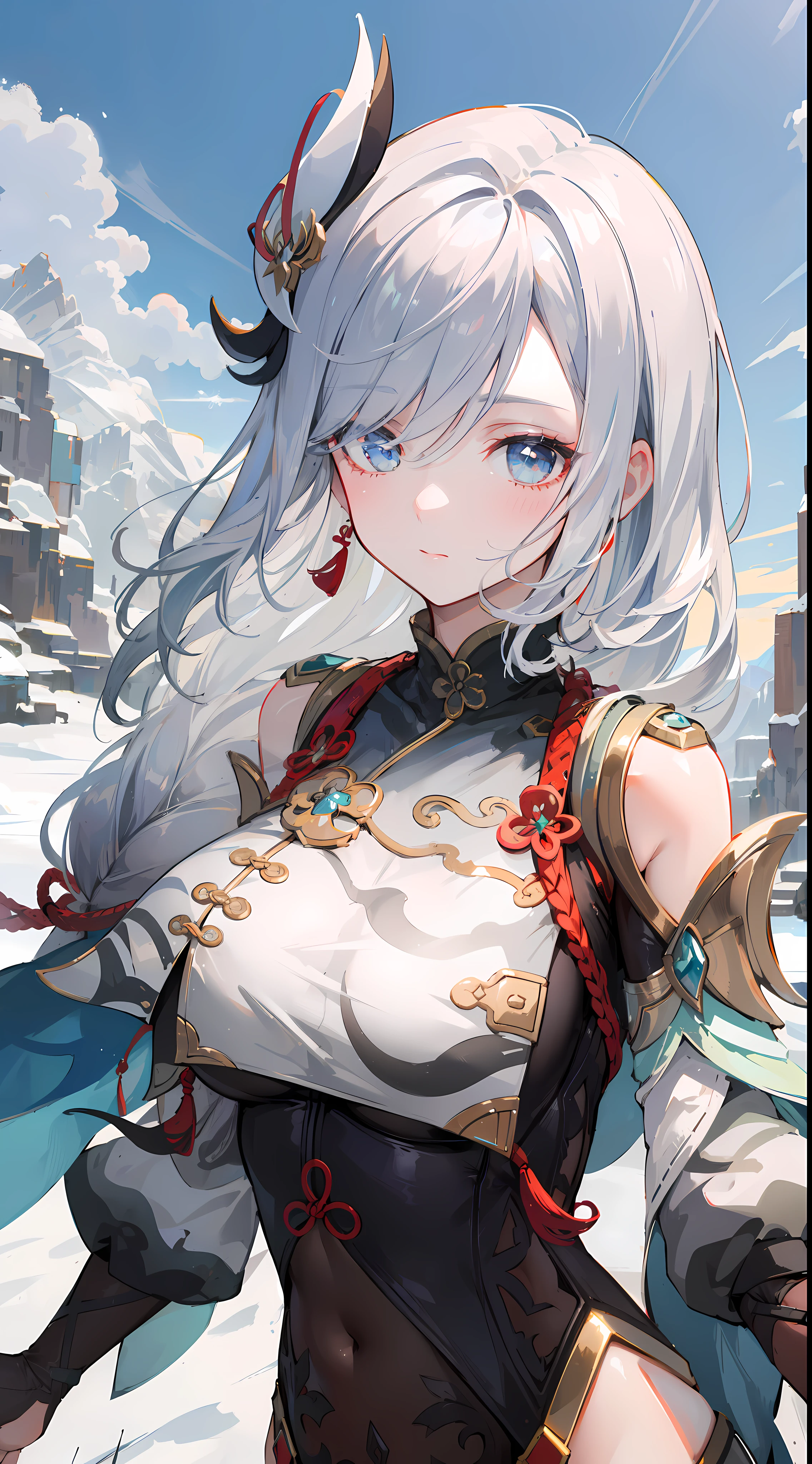 shenhedef, upper body, seductive look, blush, outdoors, snowflake scenery, looking at viewer, mountain, moody lighting, (perfect detail eyes:1.2), glowing eyes, (long hair one braid:1.2), (Masterpiece, Best Quality, High Quality:1.4), professional artwork, Intricate Details, field of view, sharp focus, detailed painting, photorealistic lighting, trending on pixiv, (vivid lighting, vibrant colors:1.05), realistic shadows, ambient occlusion,