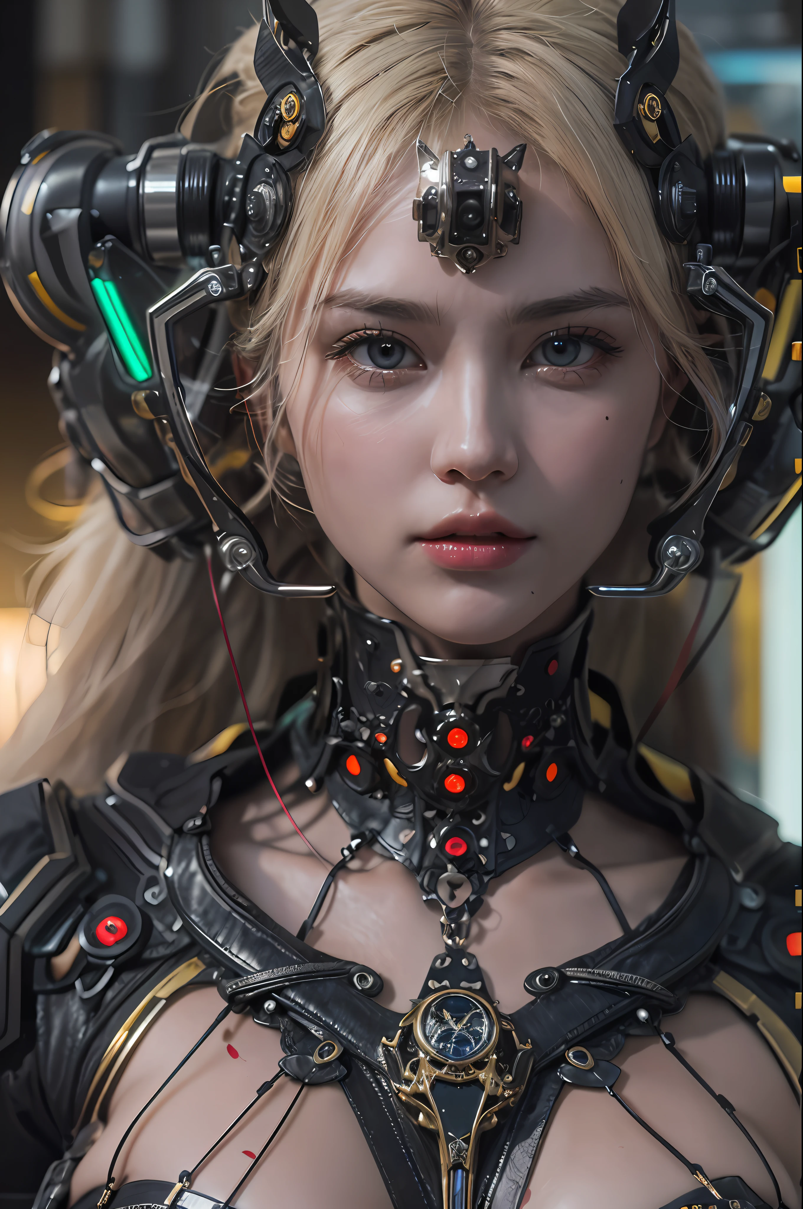 top-quality、masterpiece、超A high resolution、(Photorealsitic:1.4)、Raw photo、1人、a blond、glowy skin、1 Machine Devil、large metal wings、Metal horn、((super realistic details))、portlate、globalillumination、Shadow、octan render、8K、ultrasharp、Colossal tits、Raw skin is exposed in cleavage、Black fiberglass body、Details of intricate gilded ornaments、Sumerian details、About Cyberpunk、Glowing LEDs、IC chips、Data Links、Hydraulic cylinder、highly intricate detail、Realistic light、Red Eyes、radiant eyes、Facing the camera、neon details、Mechanical limbs、blood vessels connected to tubes、Mechanical vertebrae attached to the back、mechanical cervical attaching to neck、cowboy shot、Wires and cables connecting to the head、Luminous tube、Small LED lamp、