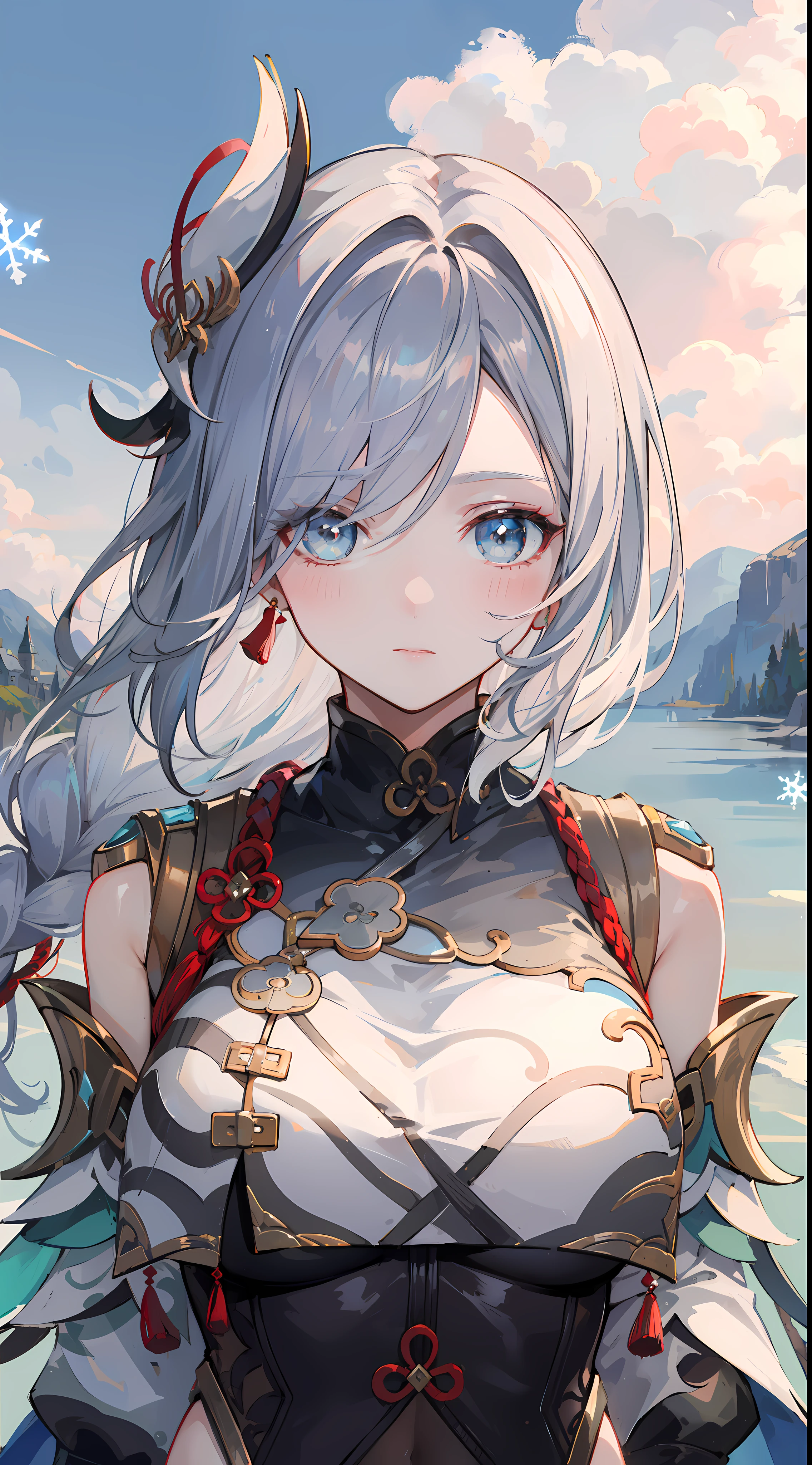 shenhedef, upper body, seductive look, blush, outdoors, snowflake scenery, looking at viewer, mountain, moody lighting, (perfect detail eyes:1.2), glowing eyes, (long hair one braid:1.2), (Masterpiece, Best Quality, High Quality:1.4), professional artwork, Intricate Details, field of view, sharp focus, detailed painting, photorealistic lighting, trending on pixiv, (vivid lighting, vibrant colors:1.05), realistic shadows, ambient occlusion,