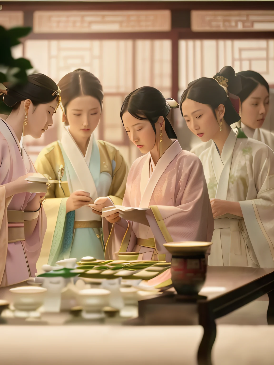 Several women in kimonos stood at the table looking at their phones, Wearing ancient Chinese clothes, fantasy movie still, still from live action movie, Still from the movie, Palace , A girl in Hanfu, inspired by Gu An, Hanfu, live-action movie scenes, highlight scene of the movie, tea ceremony scene, Wuxia