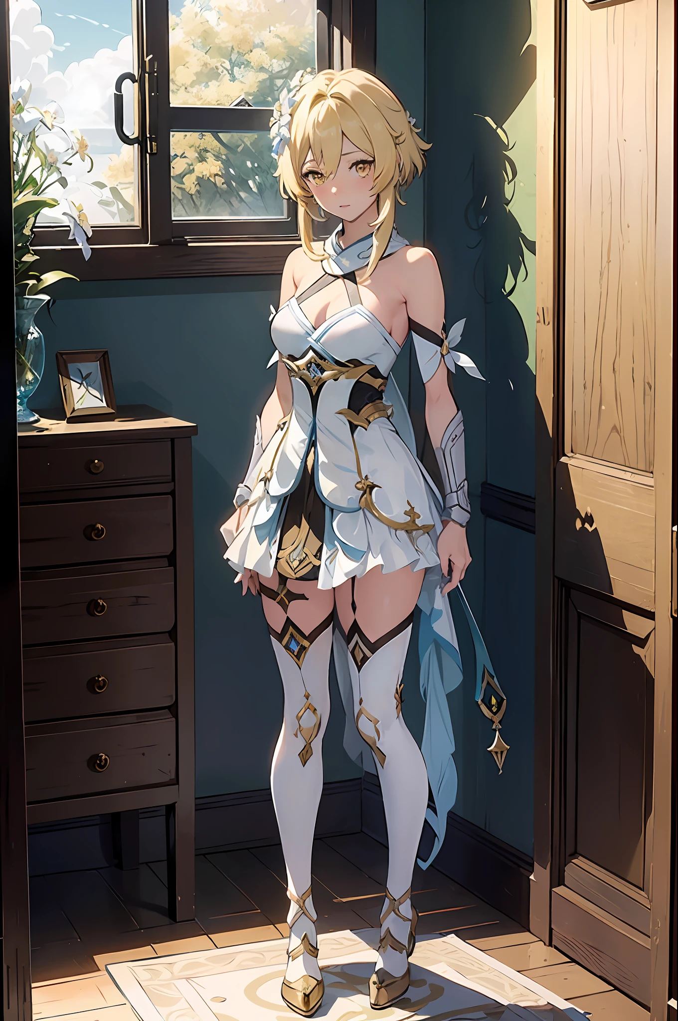 (masterpiece, best quality), beautiful girl, Lumine from "Genshin Impact",
luminedef, standing in her room, (detailed beautiful eyes) medium body shot, blonde, short hair, yellow eyes, ultra detailed yellow eyes, full-body shot,