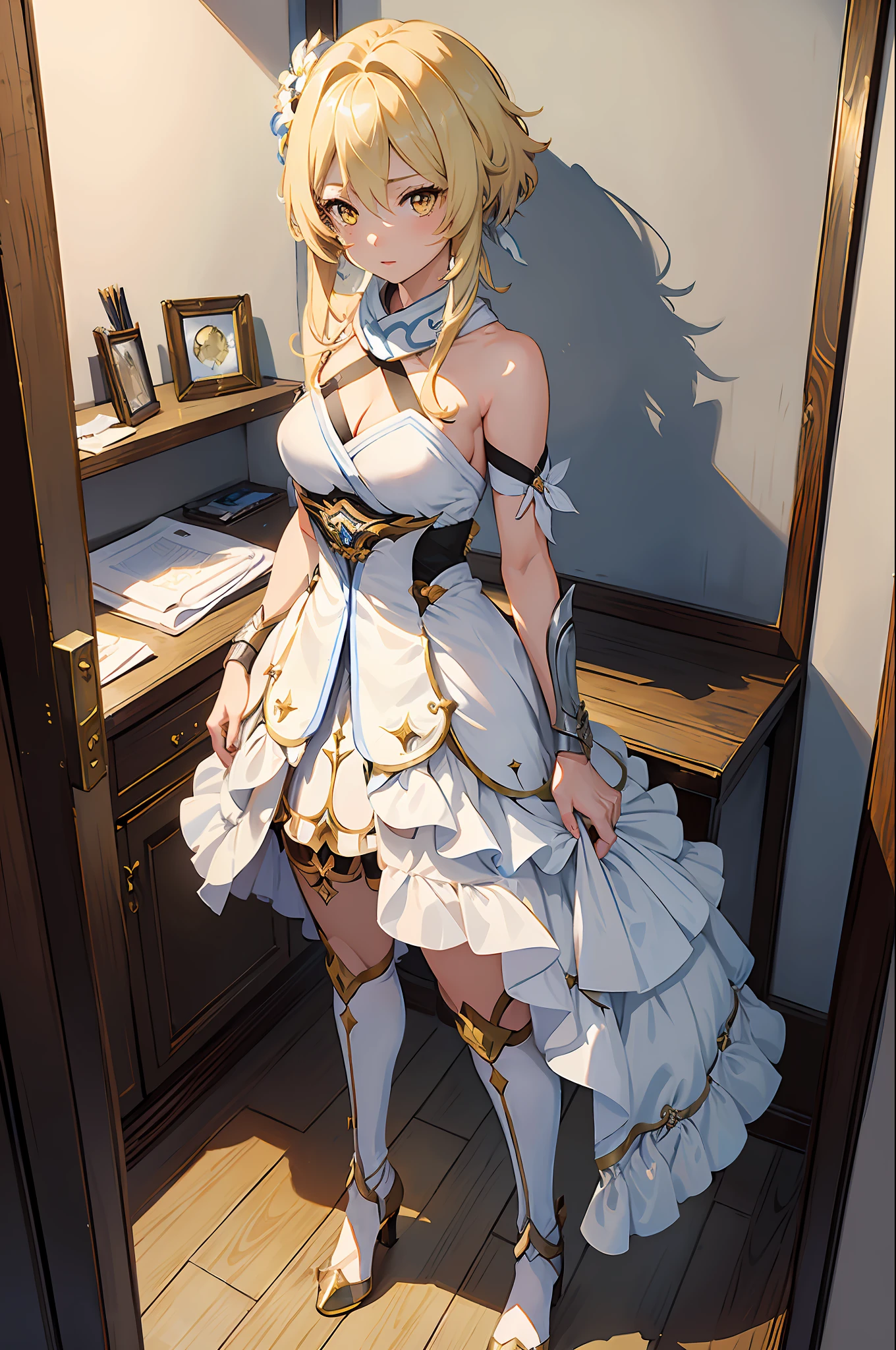 (masterpiece, best quality), beautiful girl, Lumine from "Genshin Impact", 
luminedef,  standing in her room, (detailed beautiful eyes) medium body shot, blonde, short hair, yellow eyes, ultra detailed yellow eyes, full-body shot,