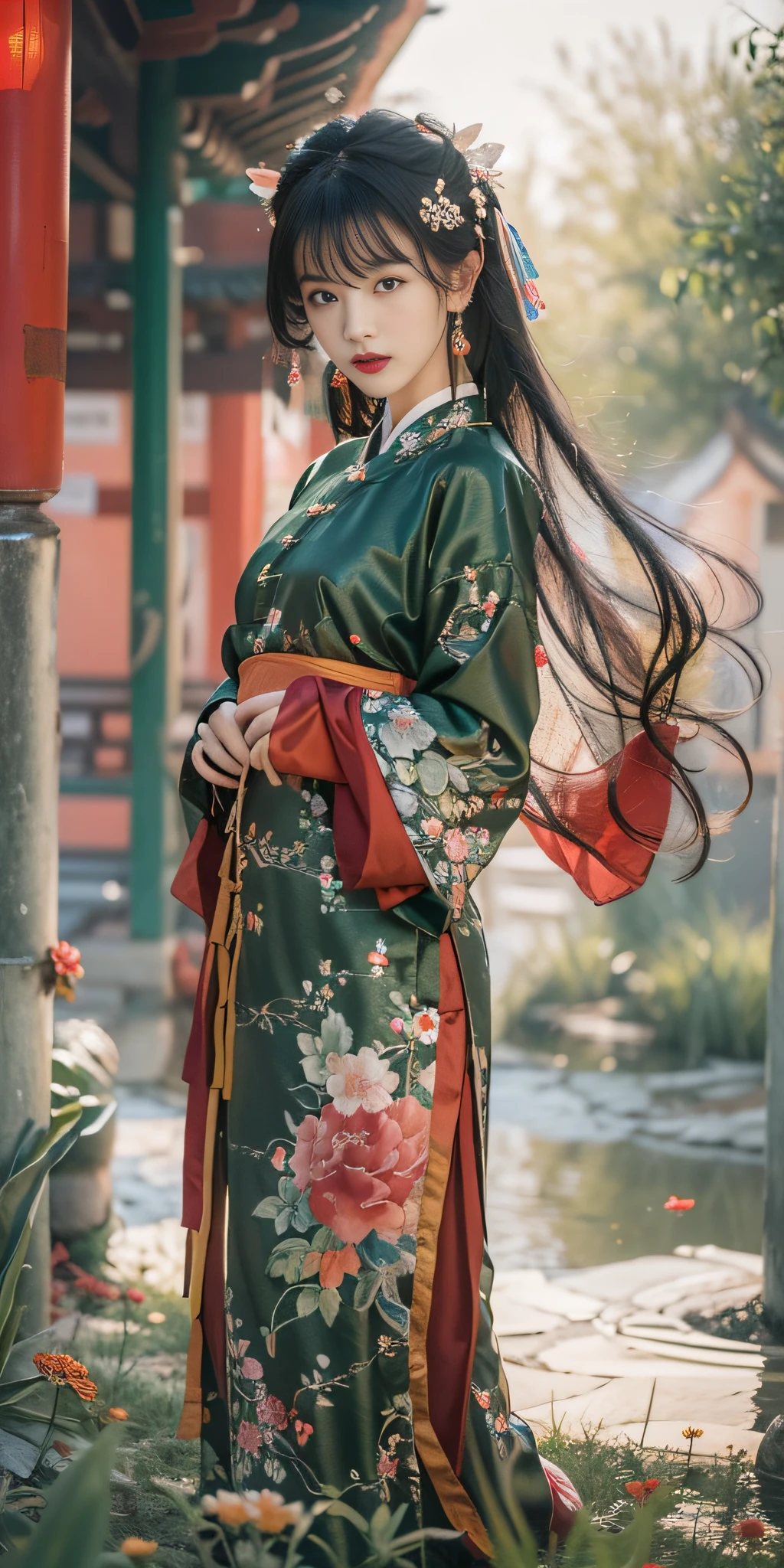 (hanfu),(chinese clothes),((floral print)),((red magnificent print long sleeves)),((green print see-through dress)),1 girl,full body,(short hair),(realistic:1.7),((best quality)),absurdres,(ultra high res),(photorealistic:1.6),photorealistic,octane render,(hyperrealistic:1.2), (photorealistic face:1.2), (8k), (4k), (Masterpiece),(realistic skin texture), (illustration, cinematic lighting,wallpaper),( beautiful eyes:1.2),((((perfect face)))),(cute),(standing),(black hair),black eyes,red lips, outdoors,(chinese style countryard),(pond),