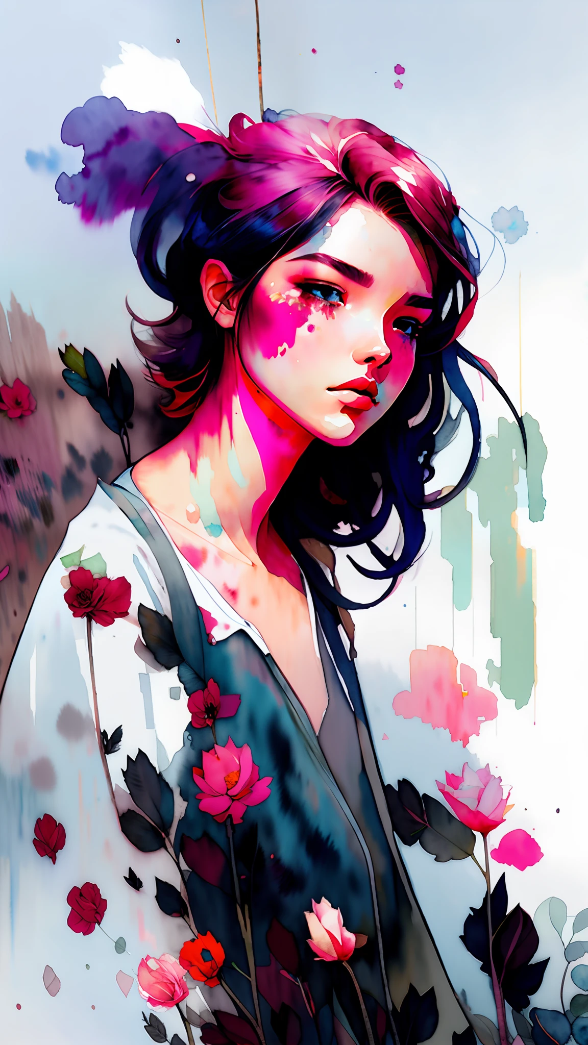 wtrcolor style, (rose) digital art, official art, blown by the wind, masterpiece, beautiful, ((watercolor)), paint splatter, intricate detail. Great detail, [dripping:0.7], Trending on Artstation, Rachel Walker