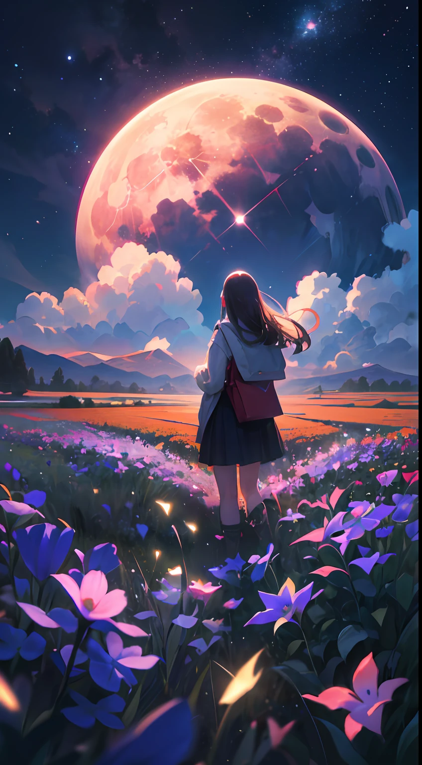Vast landscape photo, (viewed from below, the sky is above and the open field is below), a girl standing on a flower field looking up, (full moon: 1.2), (meteor: 0.9), (nebula: 1.3), distant mountains , Trees BREAK Crafting Art, (Warm Light: 1.2), (Fireflies: 1.2), Lights, Lots of Purple and Orange, Intricate Details, Volumetric Lighting, Realism BREAK (Masterpiece: 1.2), (Best Quality), 4k, Ultra-Detailed, (Dynamic Composition: 1.4), Very Detailed, Colorful Details, (Rainbow Colors: 1.2), (Glow Lighting, Atmospheric Lighting), Dreamy, Magical, (Solo: 1.2)