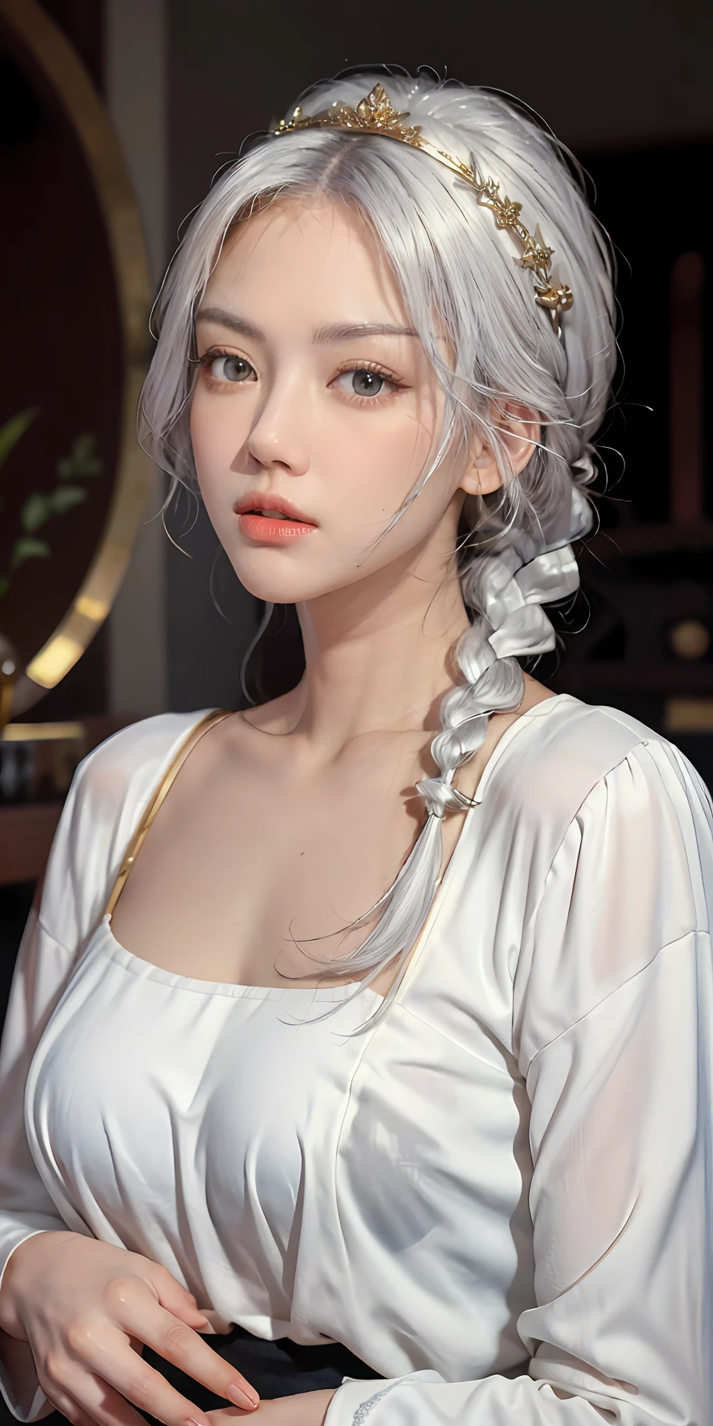 best quality, masterpiece,white hair, gold eyes,white clothes, looking up, upper body,hair strand,Fair skin,side braids