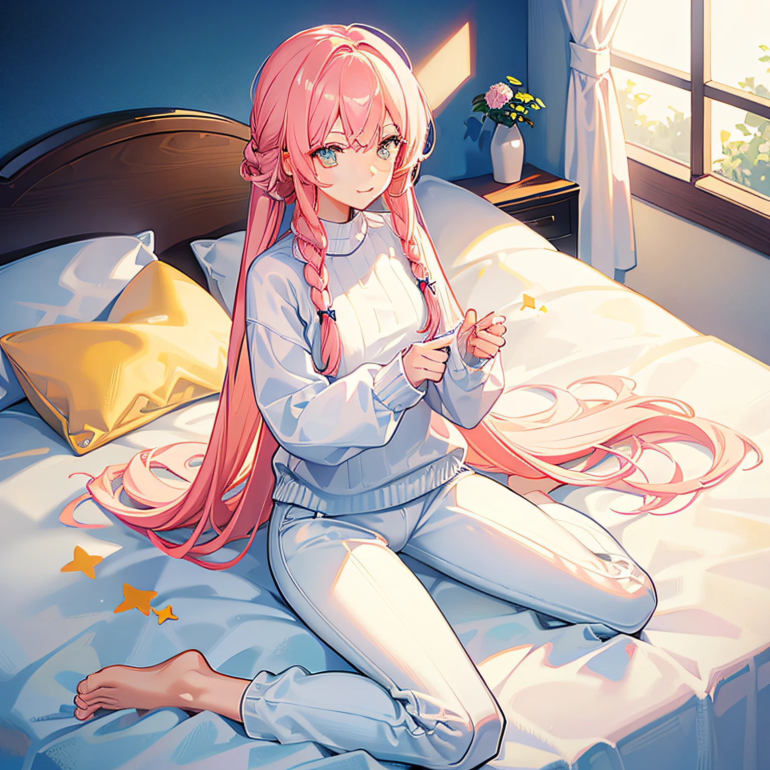 white panties,dual horsetail,kneeling on a bed,denimpants with pinksweater