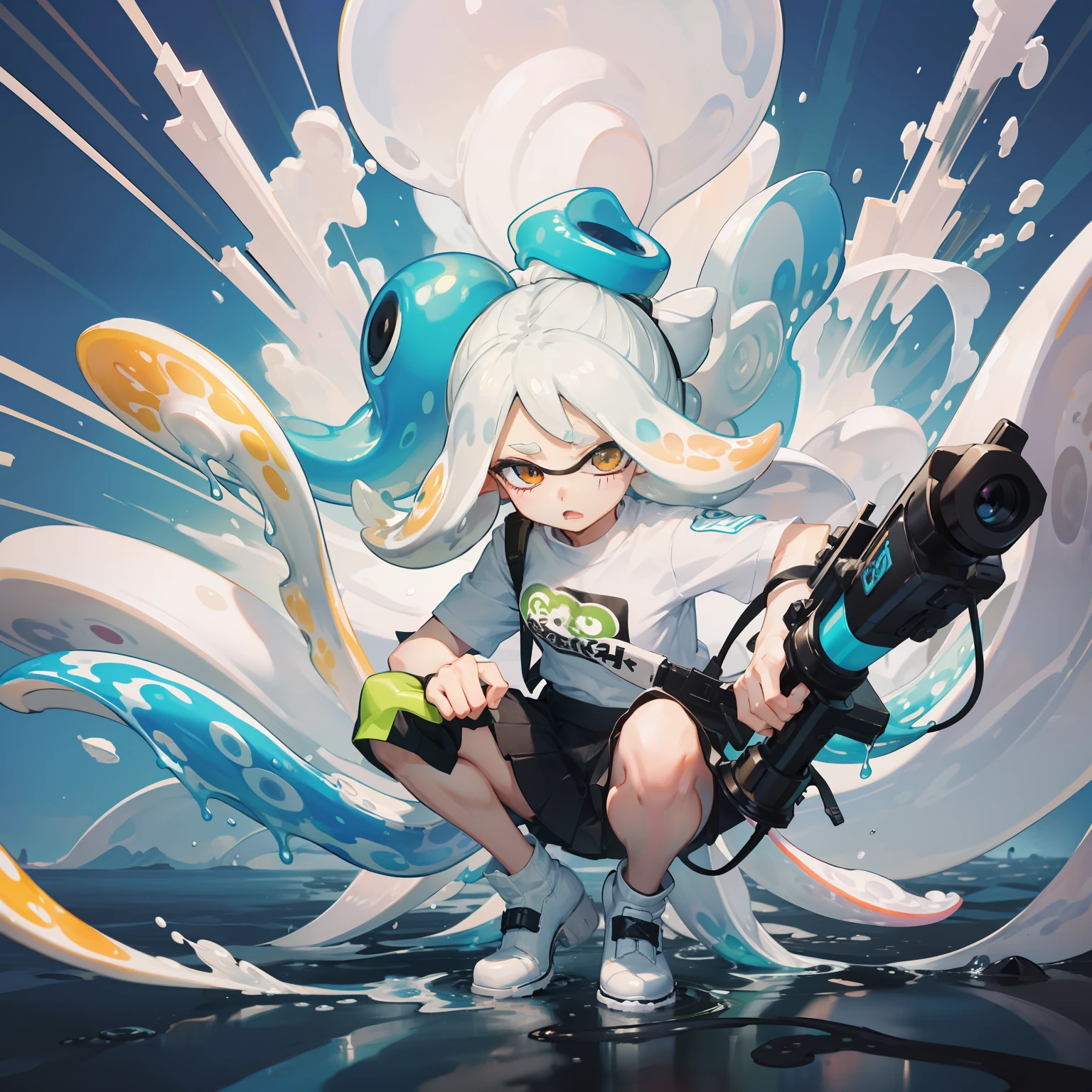 (Splatoon)、White shirt、spats、vivd colour、Splatoon weapons、Cuttlefish hair、a beauty girl、​masterpiece、top-quality、detaileds、squids、Paint dripping、((Splash paint))、Drip paint