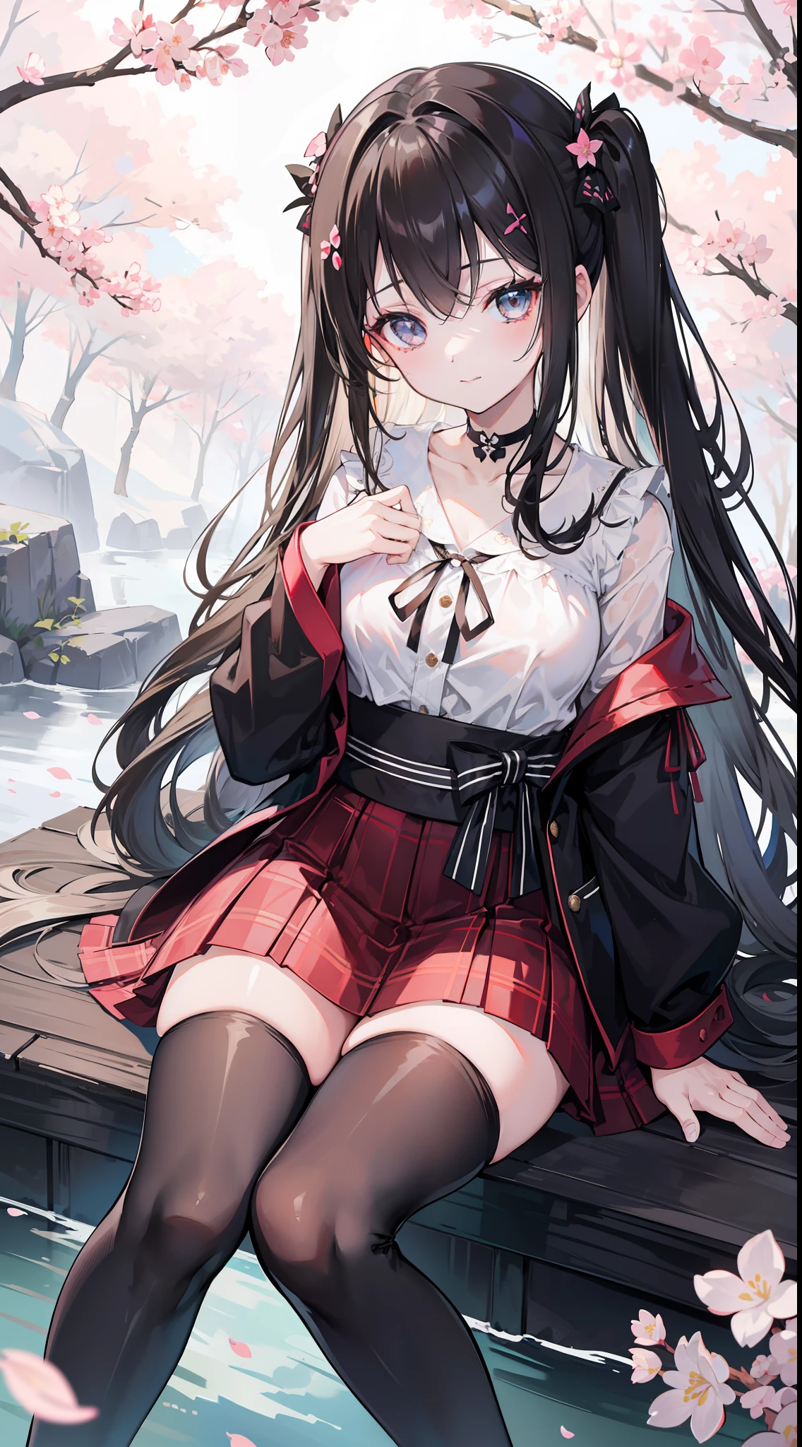 ultra - detailed，tmasterpiece，best qualtiy，Mood light，Low light source，ssmile，looking at you，the shy，Very long hair，black color hair，brown  hair，white color hair，Silvery hair，golden hair，Get wet，taking a shower，sitted，Bend your legs to your chest，校服，Open your clothes，pleatedskirt，plaid skirts，mini-skirts，black over-the-knee socks，blacksilk，Black tights，choker necklace，shairband，Floral hair ornaments，Bow knot，scenecy，Scattered cherry blossoms，detailedbackground，flying butterfly，Dreamy forest，hot onsen