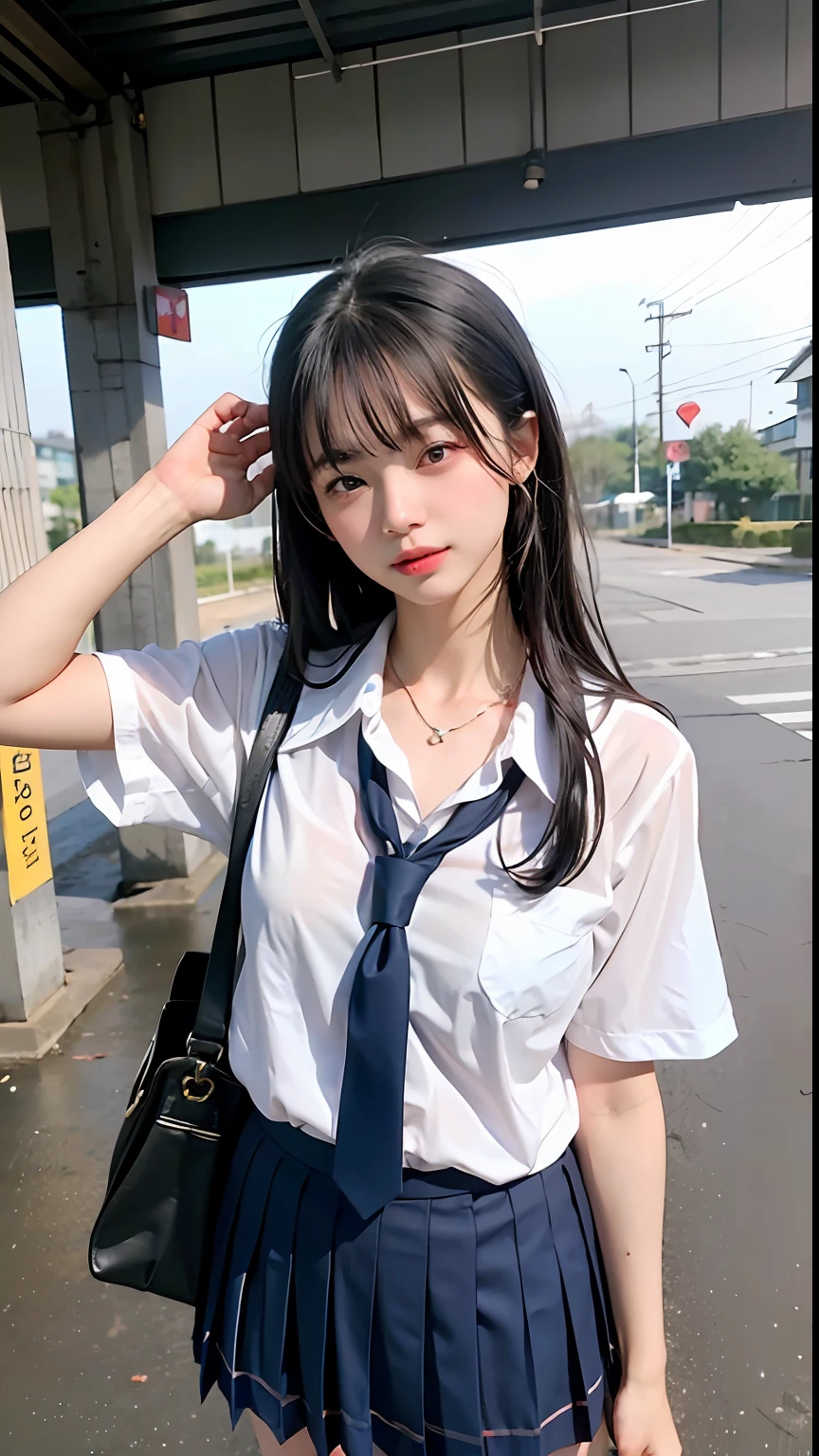 ((top-quality、masterpiece))、Raw photography、8K、top-quality、 超A high resolution、Beautiful face in every detail、Realistic human skin、Gentle expression、front-facing view、Farbe々From an angle、length hair、realisitic、Photorealsitic、cute little、a short skirt、cute school girl、Japan schoolgirl wearing uniform、Surreal High School Girl、outside of house、wrist watch、(Sateen:1.4)、a necklace、getting wet、I see underwear、Wet clothes、shelter、School bag、wetting hair、Bus stop、station、Under the roof、Suny、
