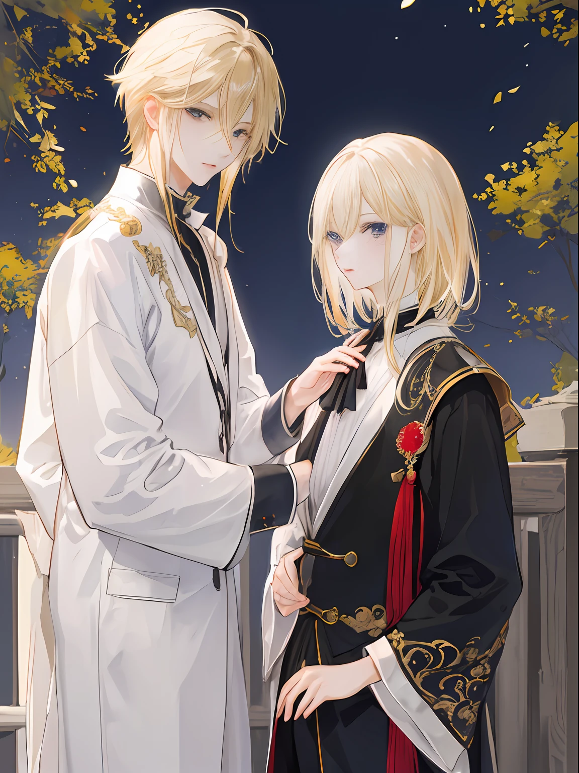 2male、​masterpiece、top-quality、超A high resolution、short black messy hair、long blonde hair、Two men、evening、校服、depth of fields