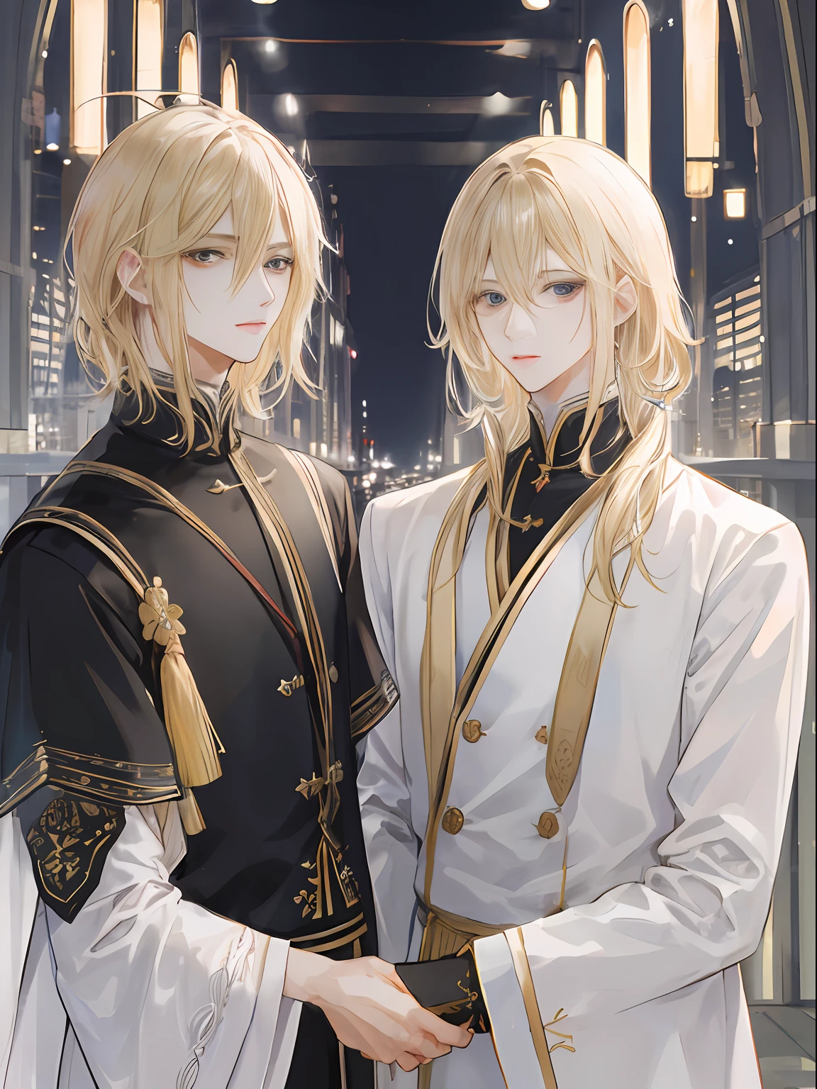 2male、​masterpiece、top-quality、超A high resolution、short black messy hair、long blonde hair、Two men、evening、校服、depth of fields