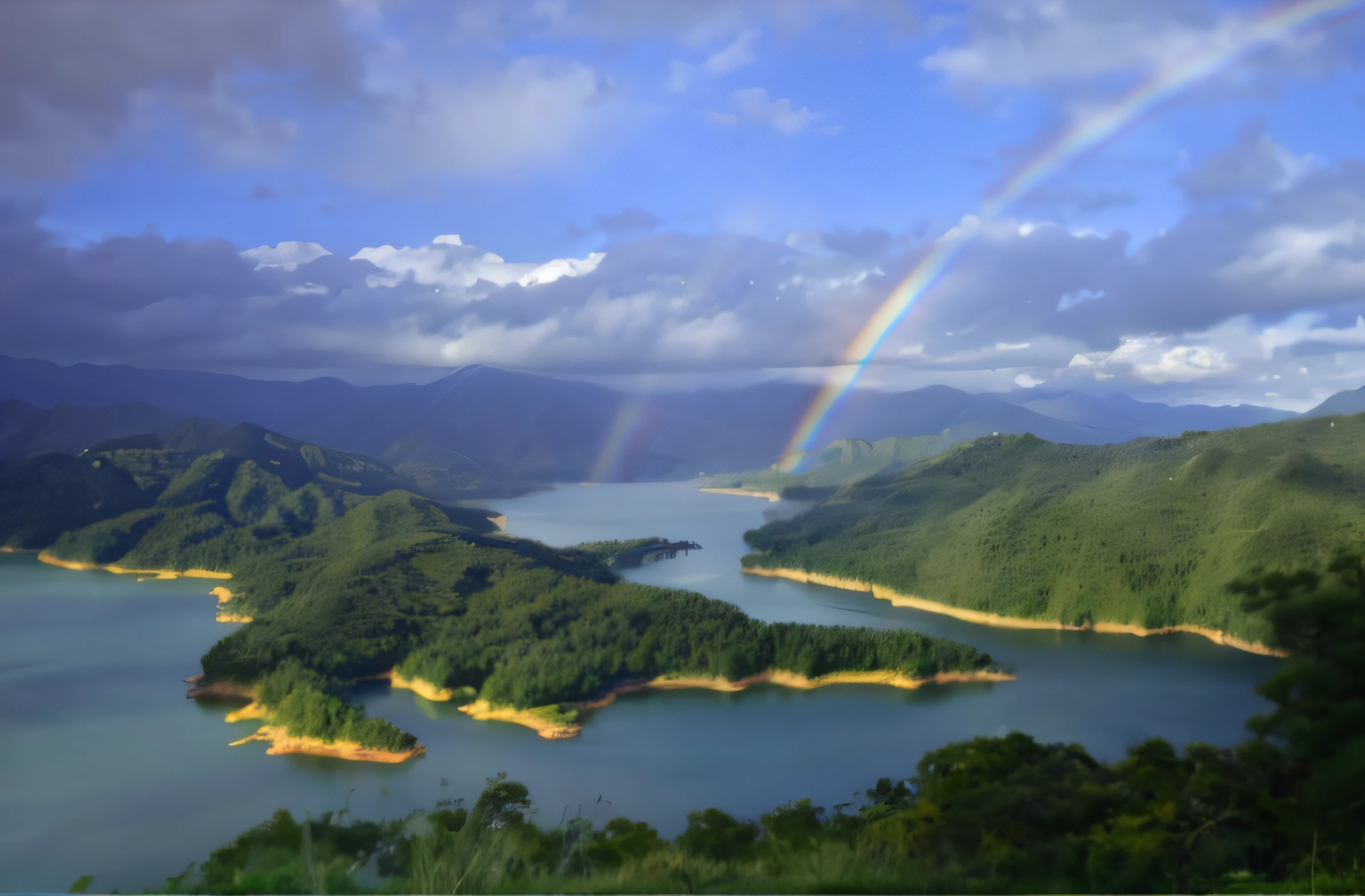 Beautiful view of the rainbow on the lake hill, author:Tadashi Nakayama, still of rainbow ophanim, Background with, author:Tadashige Ono, author:Kiyohara Tama, octane render a lonely rainbow, author:William Bella, Rainbow reflections, author:Shen Zhecai, Rainbow, mountain water, heaven on earth, Rainbow reflections