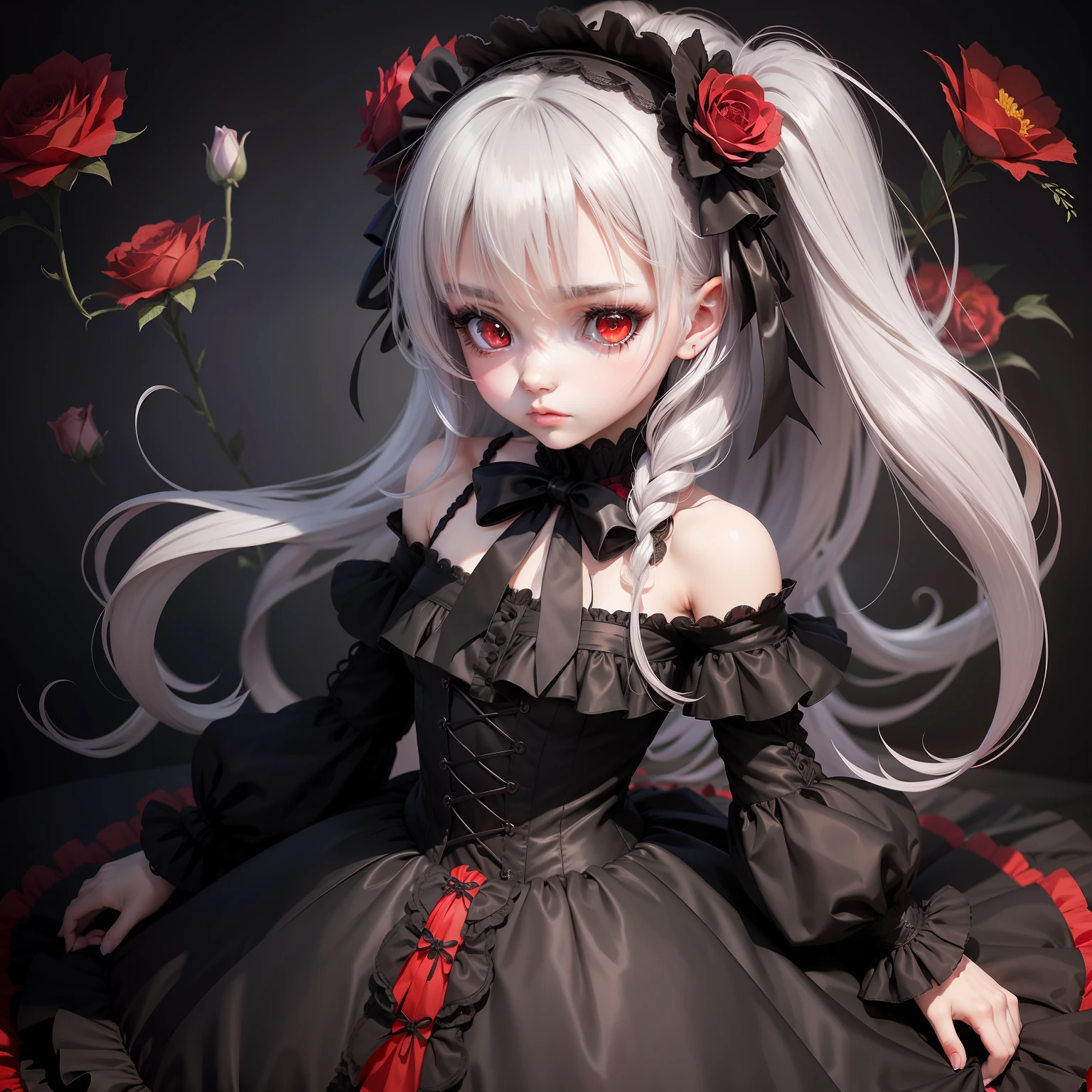 Gothic_Lolita, top-quality, ultra-detailliert, 1girl in, Chibi, Black clothe, de pele branca, flowers background, Red Eyes, Lolita Hair Band, Silver hair, longeyelashes, Empty eyes, yandere, masutepiece,Red Eyes,deadpan,Eyes without highlights,Don't look here