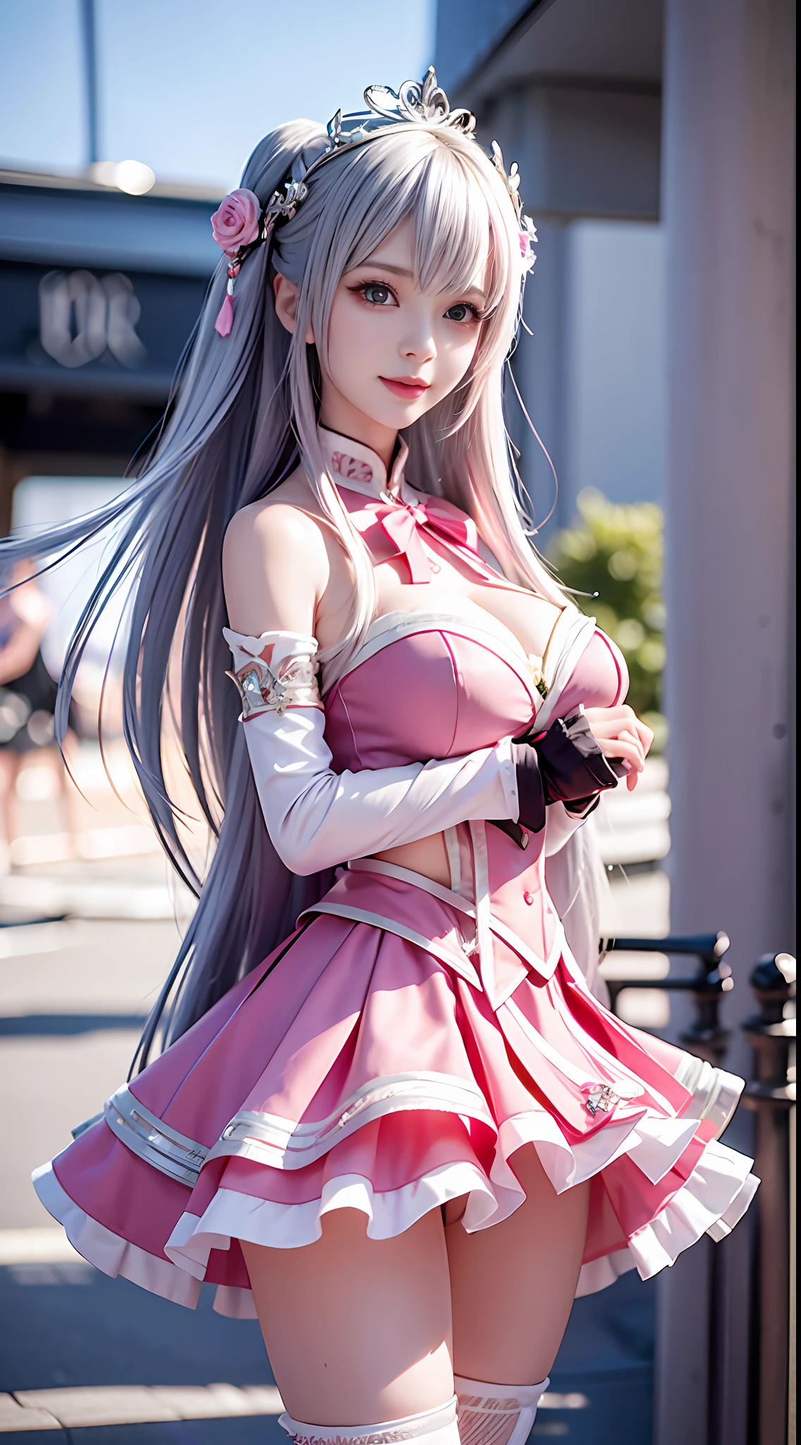 32k clarity，High bitrate，8K分辨率，1girll（25 age old，Height 1.7），Long silver hair，dual horsetail，cyber punk perssonage，Pink Lolita costume，pretty  face，The most beautiful physiognomy，Touching smile，Feminine expression，tiara crown，huge tit，perfect body figure，Short pink skirt，stocklings，Ribbons，Slim long legs，Sit Pose，Fantastic city background