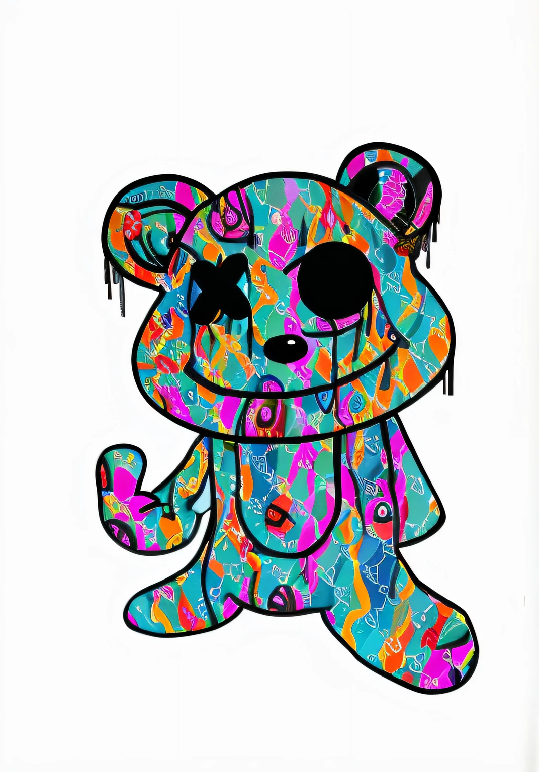 Colorful teddy bear with black background, toyism, inspired by Kagaku Murakami, Inspired by Murakami, bearbrick, gummy bear, inspired by Takashi Murakami, in graffiti style, in style of lisa frank, noisy and glitched, kaws, in a lisa frank art style, lsd trip, teddy fresh