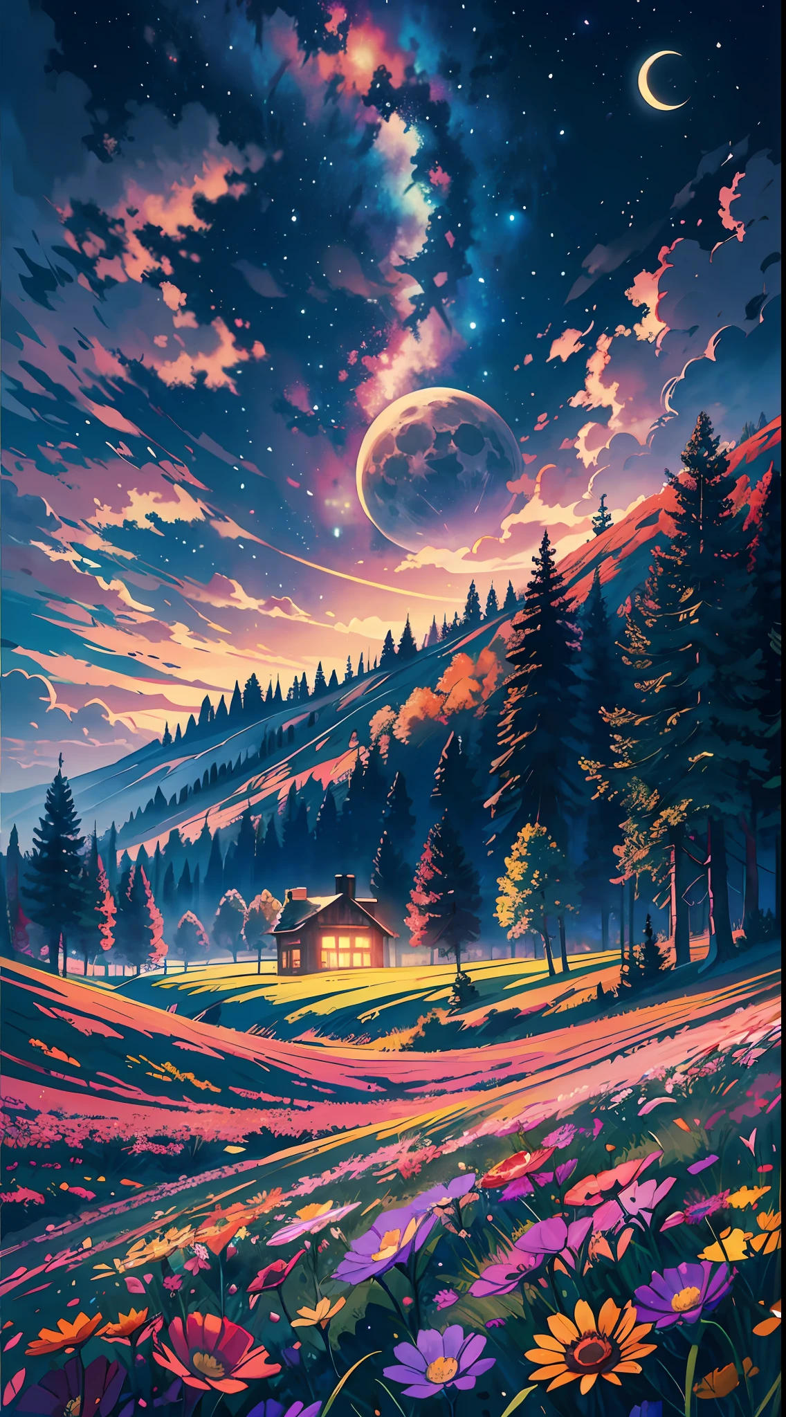 A wide landscape photo, (viewed from below, the sky is above, and the open field is below), a girl standing on a flower field looking up, (full moon: 1.2), (meteor: 0.9), (nebula: 1.3), distant mountains , Trees BREAK Crafting Art, (Warm Light: 1.2), (Firefly: 1.2), Lights, Lots of Purple and Orange, Intricate Details, Volumetric Lighting BREAK (Masterpiece: 1.2), (Best Quality), 4k, Ultra Detailed, (Dynamic Composition: 1.4), Rich in Detail and Color, (Rainbow Color: 1.2), (Glow, Atmospheric Lighting), Dreamy, Magical, (Solo: 1.2)