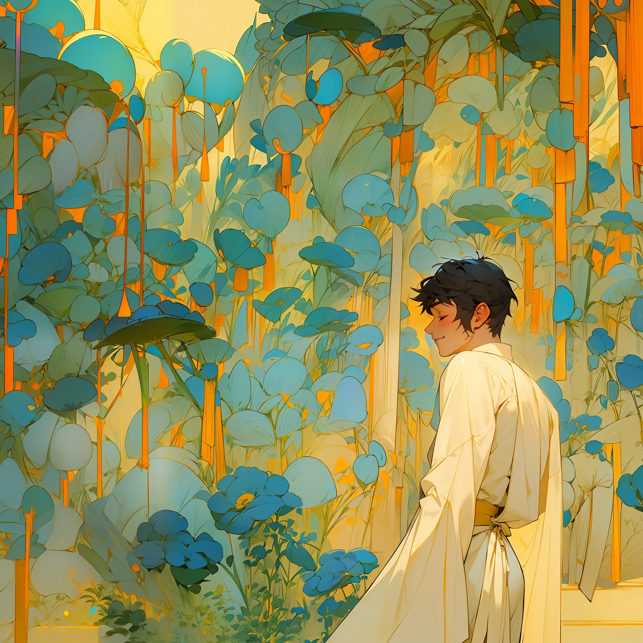 Handsome guy in a light gauze suit，Wide cuffs,Long sideburns，Separate bangs，Bad laughs，Sit down and play the bamboo flute，Detailed representation，Ancient Chinese garden background，brightly，Light wind，motionblur，best qualtiy，8K