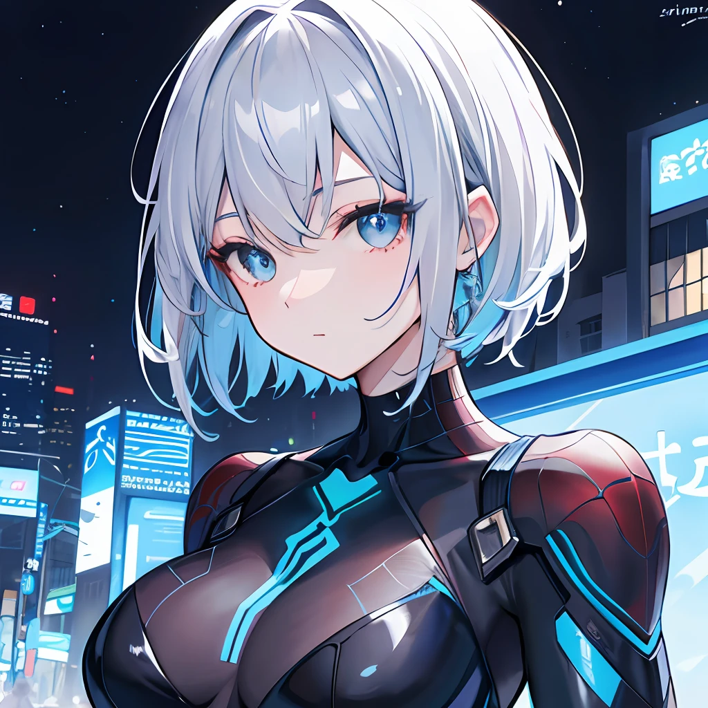 (Award-winning digital artwork:1.3)(sketching:1.3)(with dynamism:1.3)Spidey,EmmaRob,CGSociety,ArtStation,(Saturation:1.3),(Close portrait:1.3),(femele:1.4),(big breasts beautiful: 1.4),(carismatic:1.3)Perfect Detailed Eyes,blue short hair,Gray eye,城市,nighttime scene,neonlight