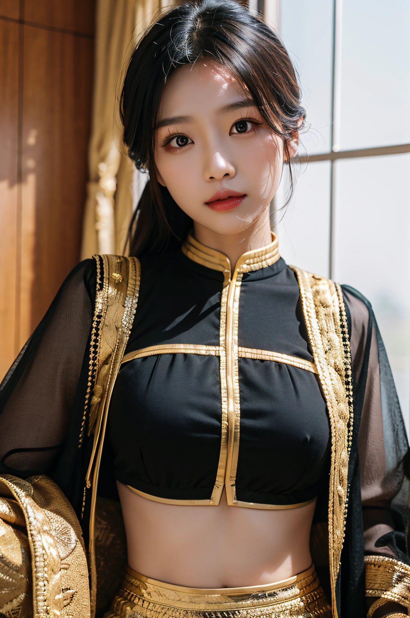 (Hyperrealistic,)4K,35mm,hyper-high detail, Professional lighting, Best quality, 超高分辨率, Visually stunning, (1girll:1.1), (Hmong clothing ),realskin,(Perfect body 1.3)Ultra-delicate face,Crop topping
