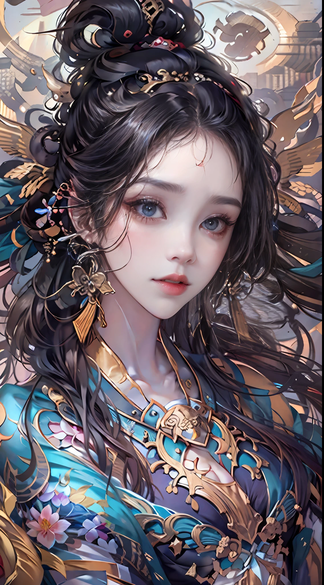 offcial art,统一 8k 壁纸,ultra - detailed,Beauty and aesthetics,tmasterpiece,best qualtiy,(zentangle,Tangled,entangle),(s fractal art:1.4),Black color hair,chineseidol,Chinese woman,The is very detailed,dynamic angle,casting spells,coloured with lots of colour,(Chaos in its most beautiful form),flowy,(vivd colour),overclocking,Chinese big breasts,(Ribbons:1.3),(dream magical:1.5),(Hanfu:1.5),chinesedragon,Chinese Phoenix,(ssmile:0.5 ),(chinese deity),Magical light and shadow,Perfect face,perfect hand