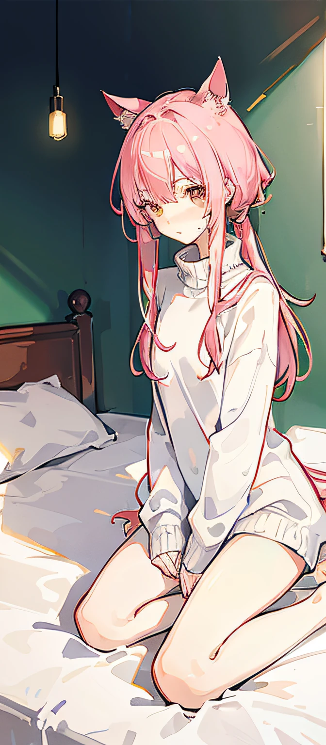 white panties,dual horsetail,kneeling on a bed,denimpants with pinksweater,Bare legged,with fair skin,is shy