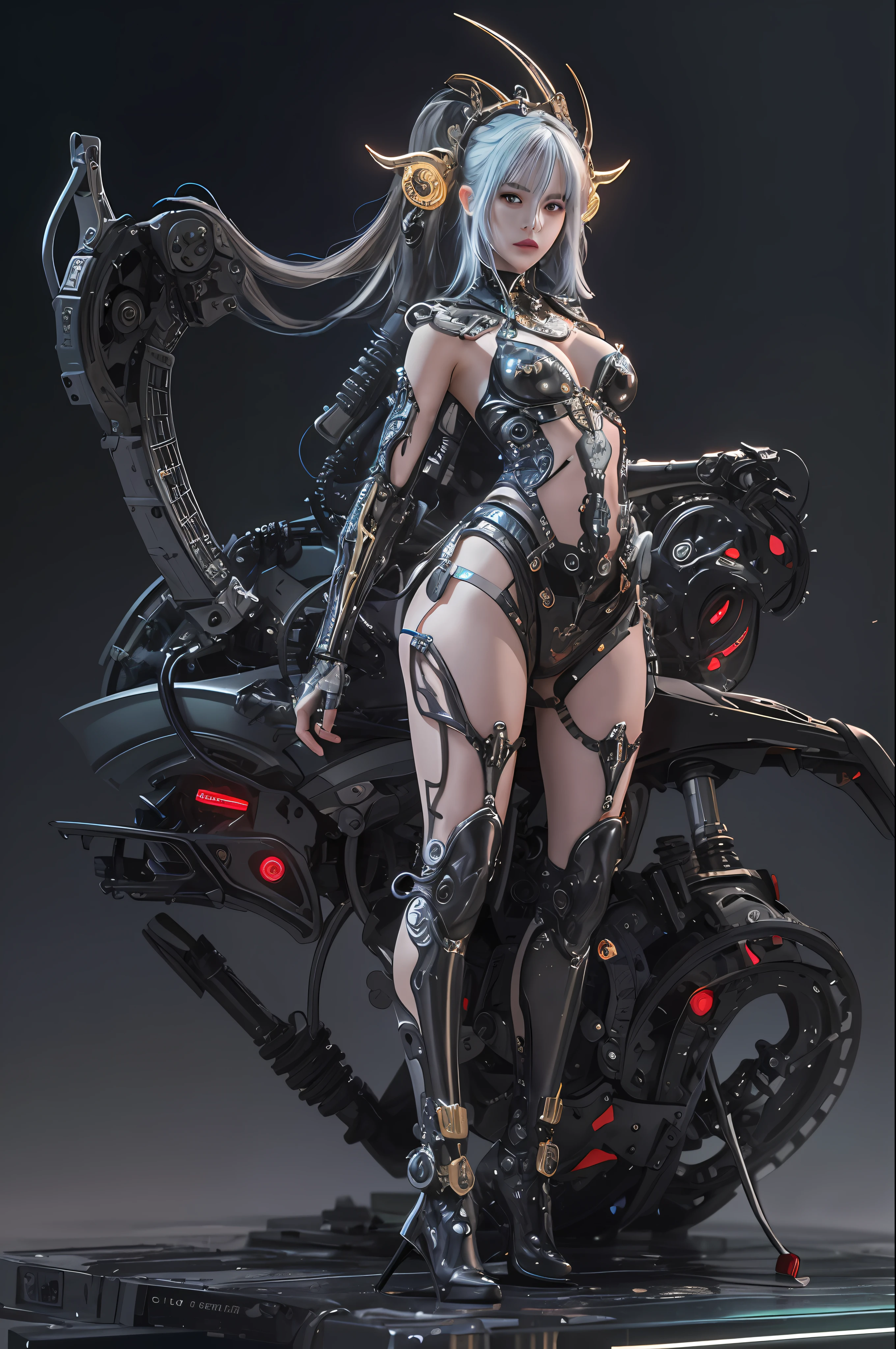 top-quality、masterpiece、超A high resolution、(Photorealsitic:1.4)、Raw photo、1人、silber hair、glowy skin、1 Machine Devil、large metal wings、Metal horn、((super realistic details))、portlate、globalillumination、Shadow、octan render、8K、ultrasharp、Colossal tits、Raw skin is exposed in cleavage、Black fiberglass body、Details of intricate gilded ornaments、Sumerian details、About Cyberpunk、Glowing LEDs、IC chips、Data Links、Hydraulic cylinder、highly intricate detail、Realistic light、Red Eyes、radiant eyes、Facing the camera、neon details、Mechanical limbs、blood vessels connected to tubes、Mechanical vertebrae attached to the back、mechanical cervical attaching to neck、cowboy shot、Wires and cables connecting to the head、Luminous tube、Small LED lamp、