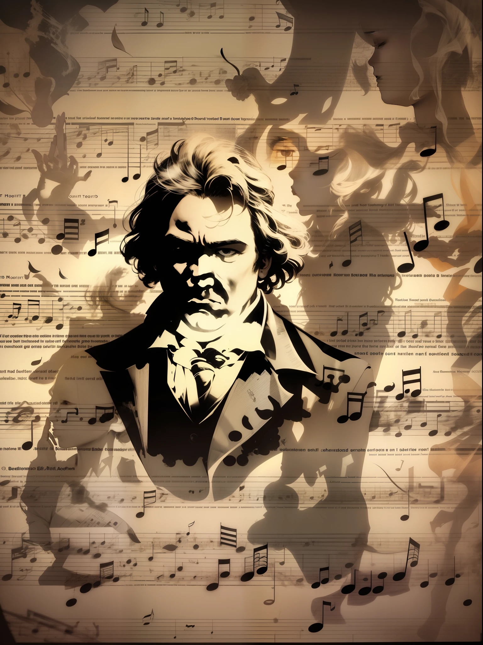 Musical notes artistically contained within a shadowed silhouette of Beethoven, Double exposure, screen filter, 4k, high definition, stunning combination