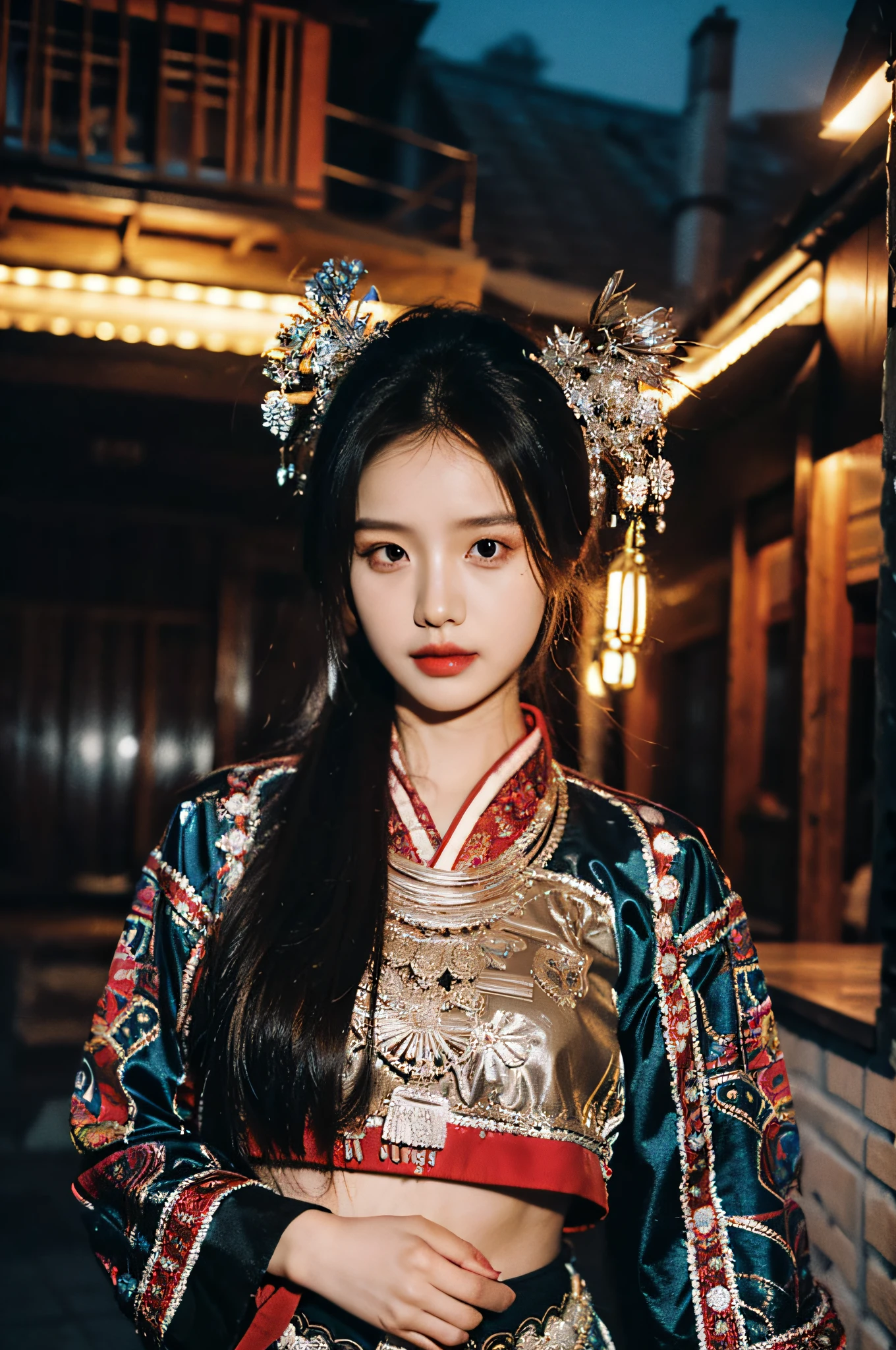 (Hyperrealistic,)4K,35mm,hyper-high detail, Professional lighting, Best quality, 超高分辨率, Visually stunning, (1girll:1.1), (Hmong clothing ),realskin,(Perfect body 1.3)Ultra-delicate face,Crop topping