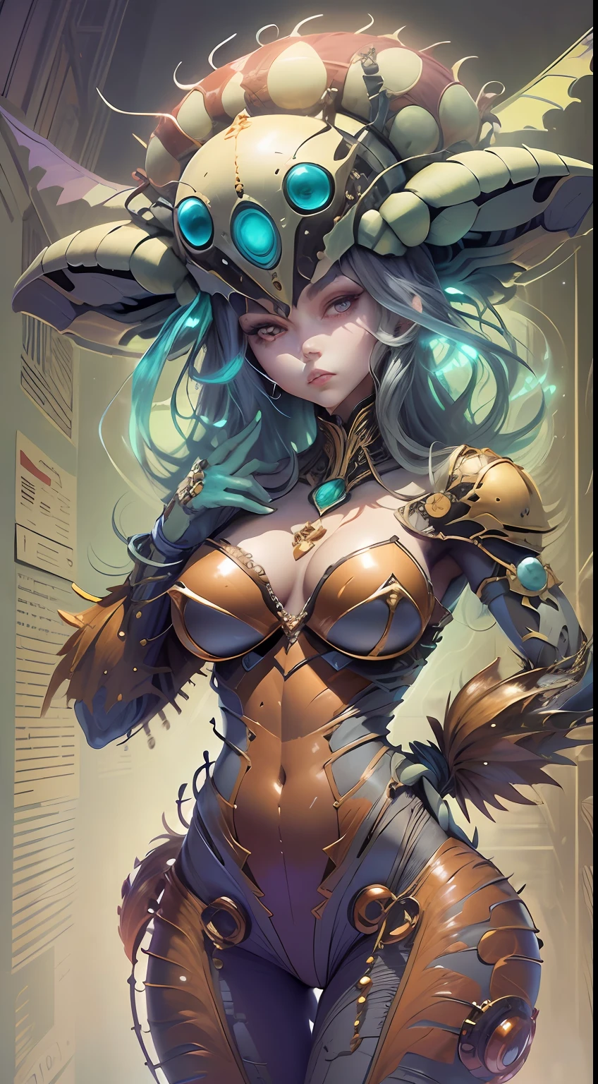 Cartoon photo of a woman in costume、Hot anemone humanoid female、Bewitching、a person々takeout、Guyver Style、SFW version、Scarabeleploid、tail、Cel Shade Adult Animation、Alien Queen、