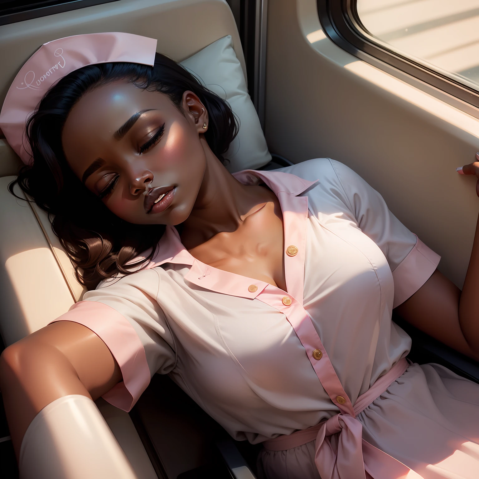 1 Beautiful woman, similar to Lupita Nyong'o, big eyelashes, glossy and full lips, drooling, sleeping with her mouth open, snoring, sleeping lying on the bus, head resting on the seat, nurse's clothes, outlined eyes.