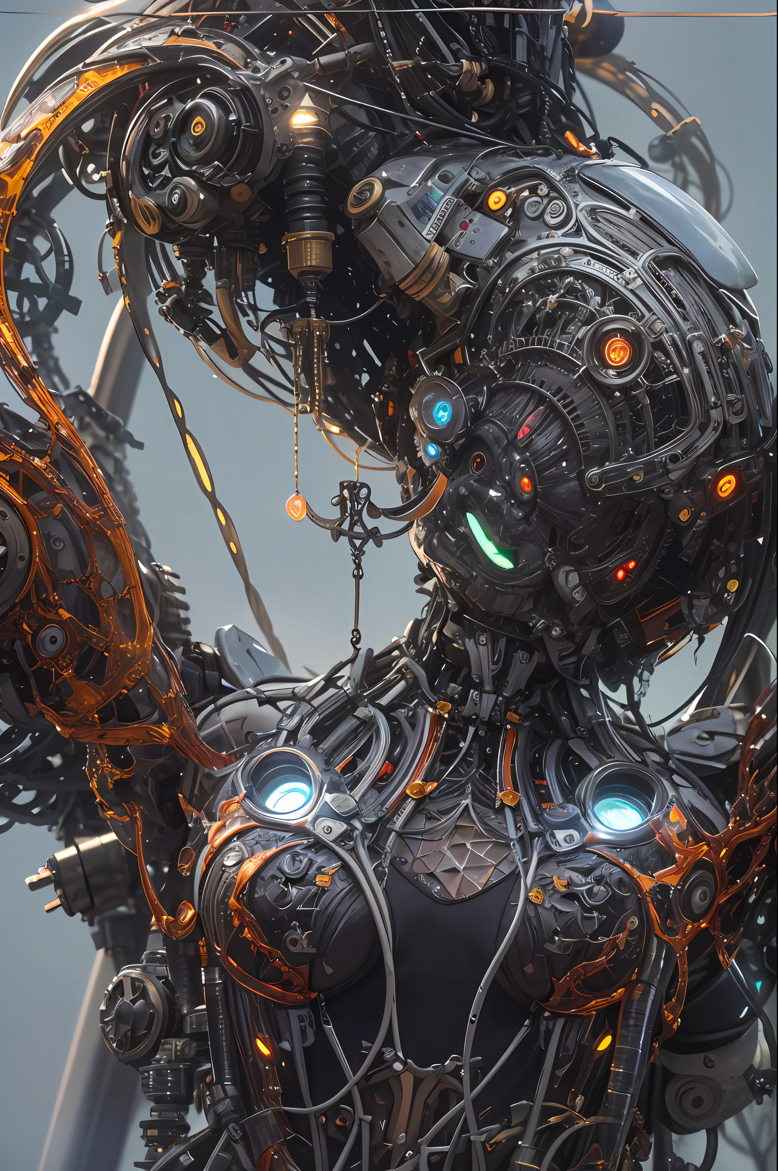 top-quality、masterpiece、超A high resolution、(Photorealsitic:1.4)、Raw photo、1人、silber hair、glowy skin、1 Machine Devil、large metal wings、Metal horn、((super realistic details))、portlate、globalillumination、Shadow、octan render、8K、ultrasharp、Colossal tits、Raw skin is exposed in cleavage、Black fiberglass body、Details of intricate gilded ornaments、Sumerian details、About Cyberpunk、Glowing LEDs、IC chips、Data Links、Hydraulic cylinder、highly intricate detail、Realistic light、Red Eyes、radiant eyes、Facing the camera、neon details、Mechanical limbs、blood vessels connected to tubes、Mechanical vertebrae attached to the back、mechanical cervical attaching to neck、cowboy shot、Wires and cables connecting to the head、Luminous tube、Small LED lamp、