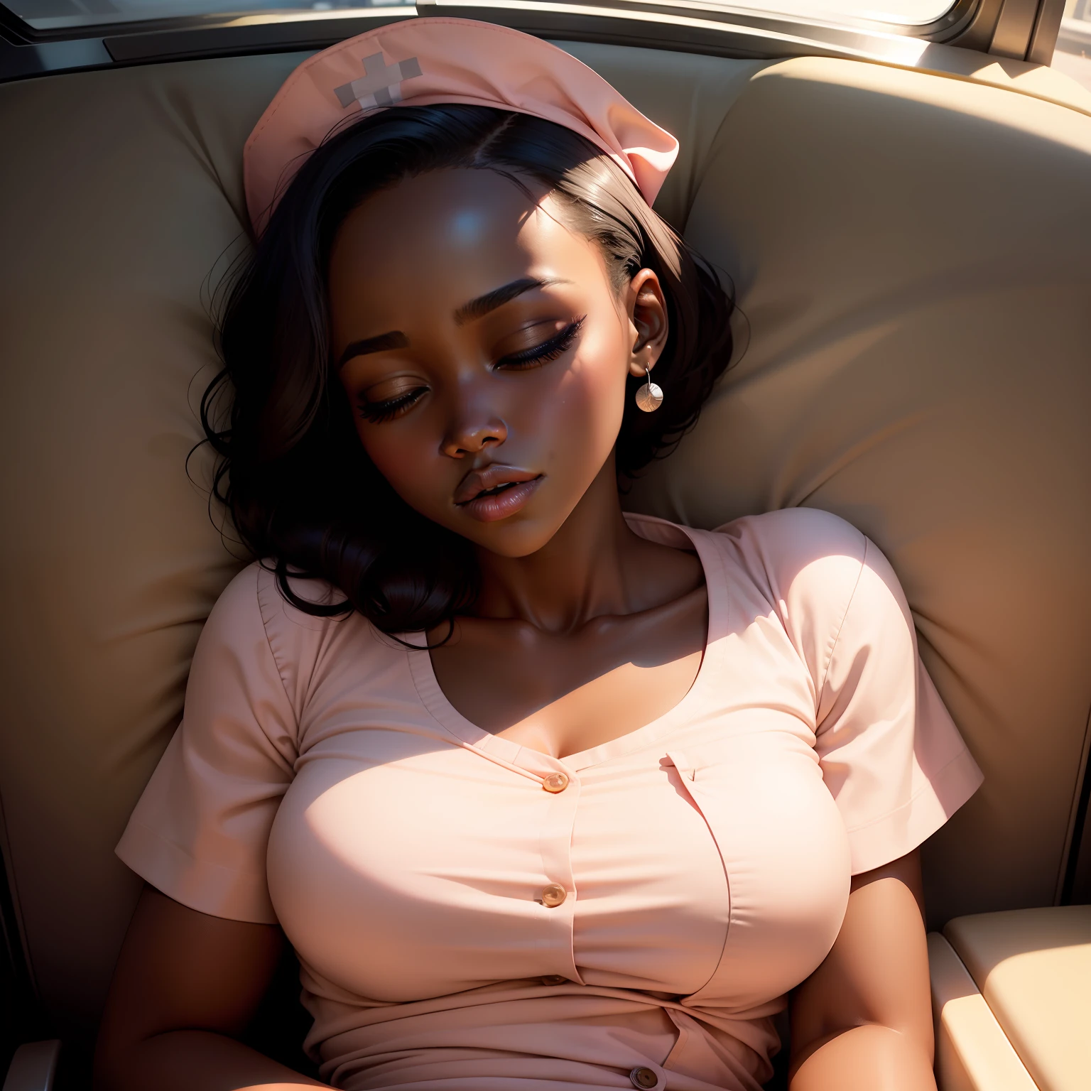 1 Beautiful woman, similar to Lupita Nyong'o, big eyelashes, glossy and full lips, drooling, sleeping with her mouth open, snoring, sleeping lying on the bus, head resting on the seat, nurse's clothes, outlined eyes.