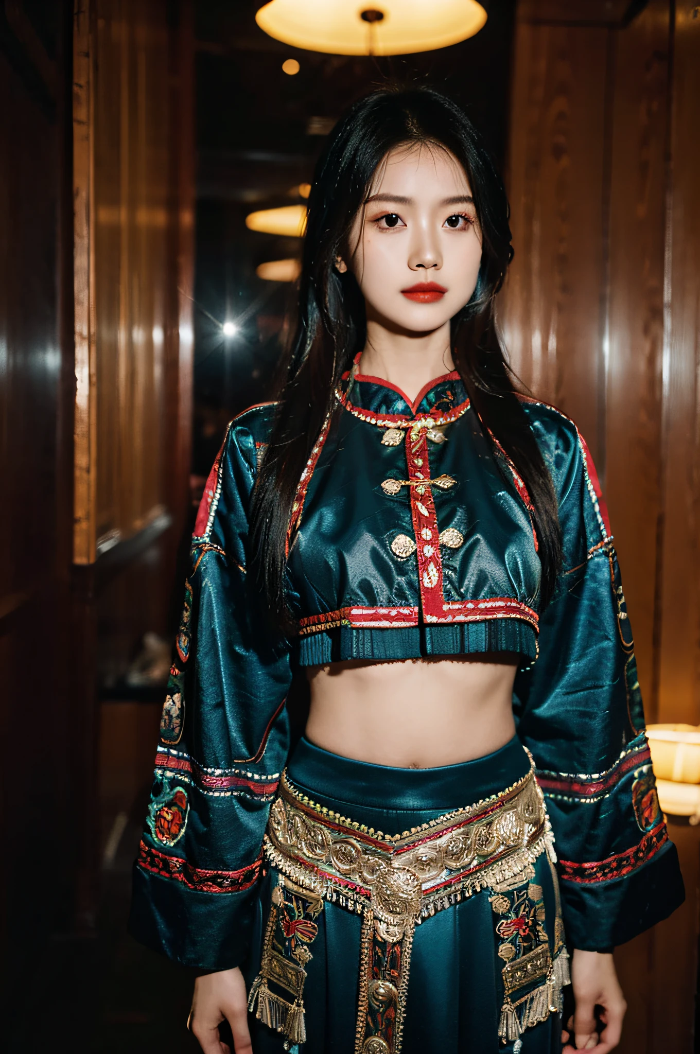 （Hyperrealistic,）4K,35mm，hyper-high detail, Professional lighting, Best quality, 超高分辨率, Visually stunning, (1girll:1.1), （Hmong clothing ）,realskin,（Perfect body 1.3）Ultra-delicate face，Crop topping